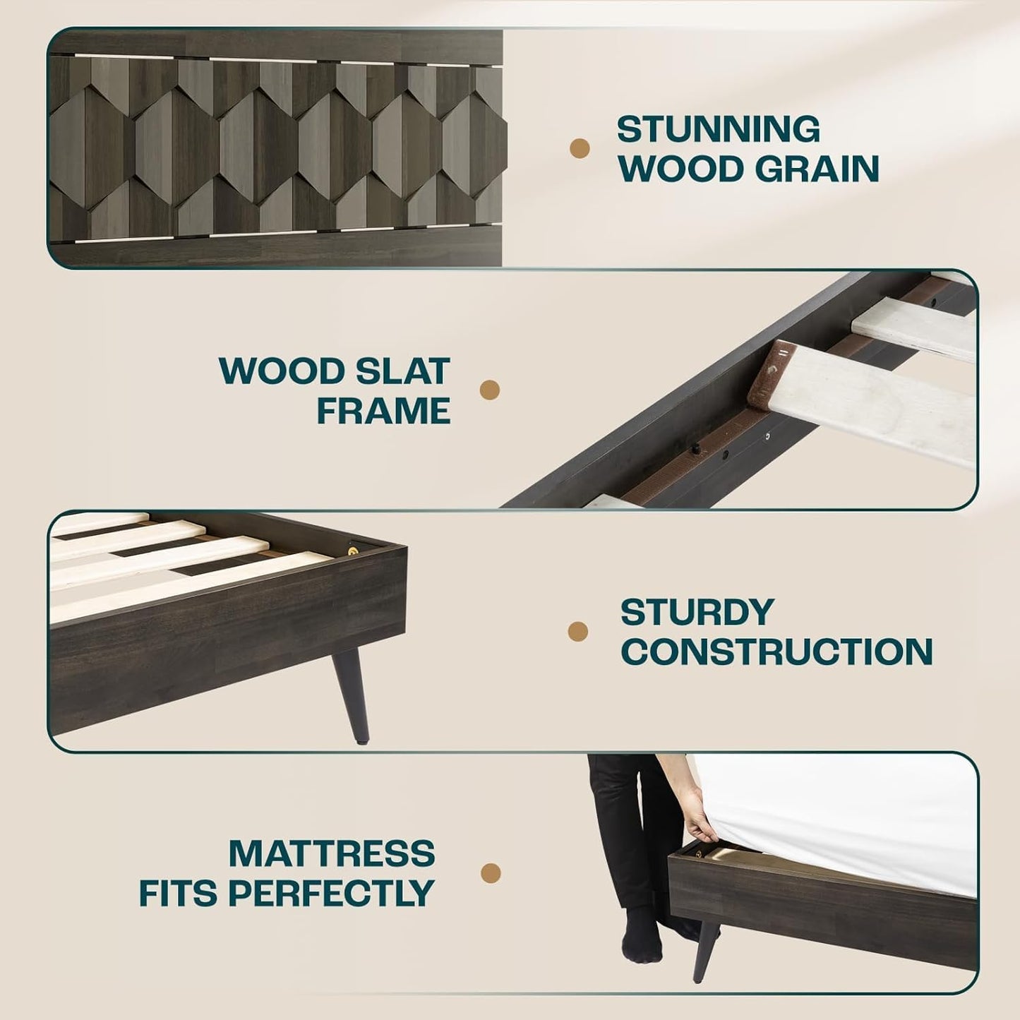 Bme Georgina King Size Bed Frame and Headboard, Signature Handcrafted Geometric, US Patent Pending Design, Solid Wood, No Box Spring Needed, 12 Strong Wood Slats Support, Easy Assembly, Mocha