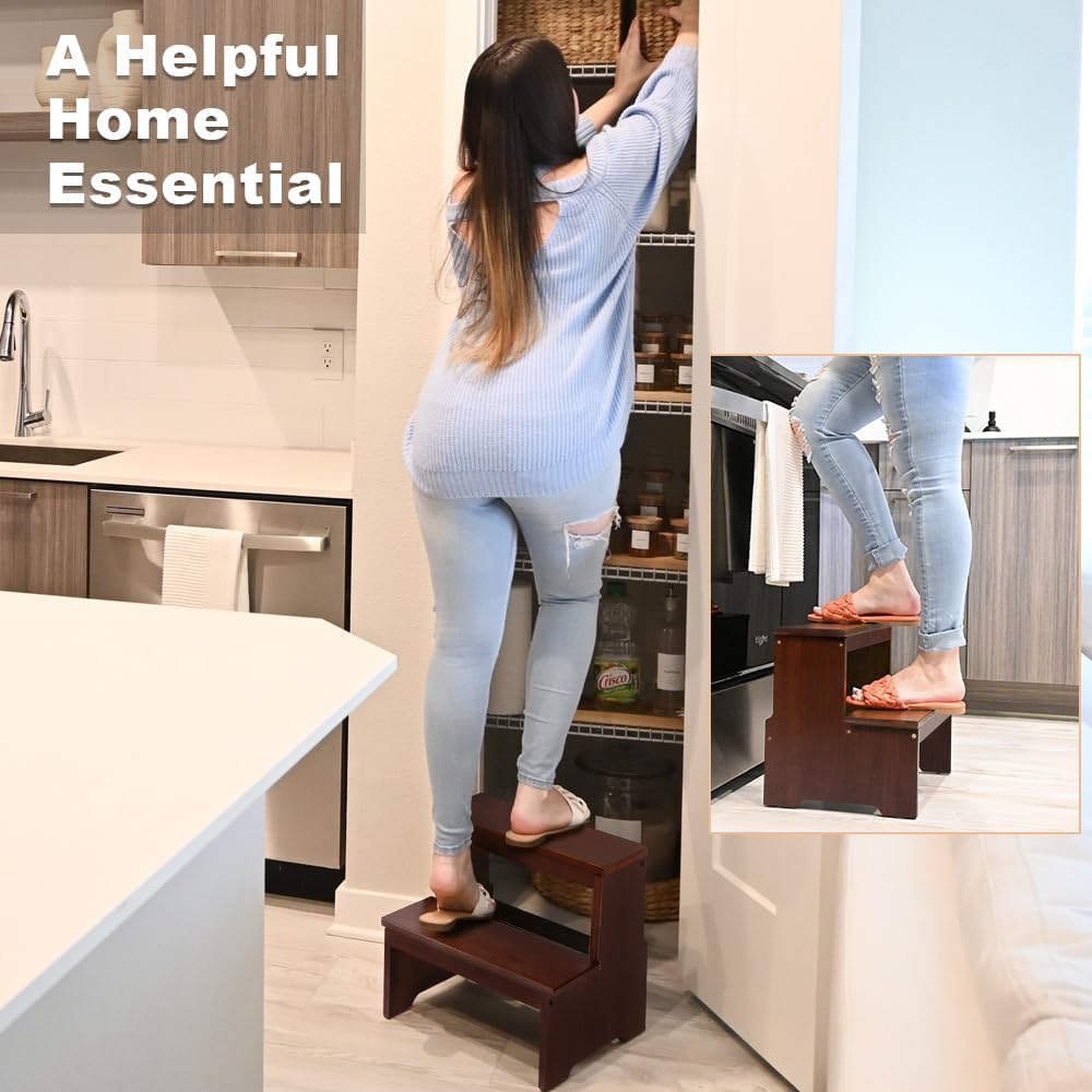 StrongTek Bamboo Two Step Stool for Adults and Kids, Bed Stepstool with Anti-Slip Bottom, Heavy Duty for Kitchen, Bathroom, Bedside Step Stool, Wooden Step Stairs 350 lbs Capacity (Dark Chocolate)