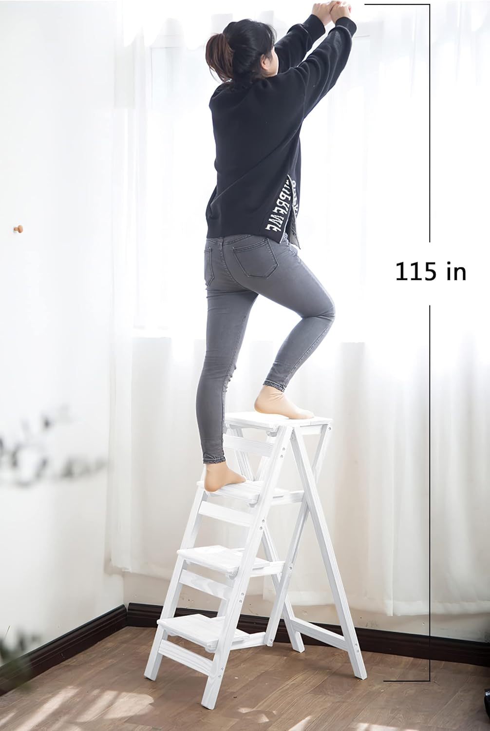 Step Stool for Adults/Step Ladder/Counter Chair, 4-Step Folding Portable Wooden Step Stool, Anti-Slip & Lightweight (White)