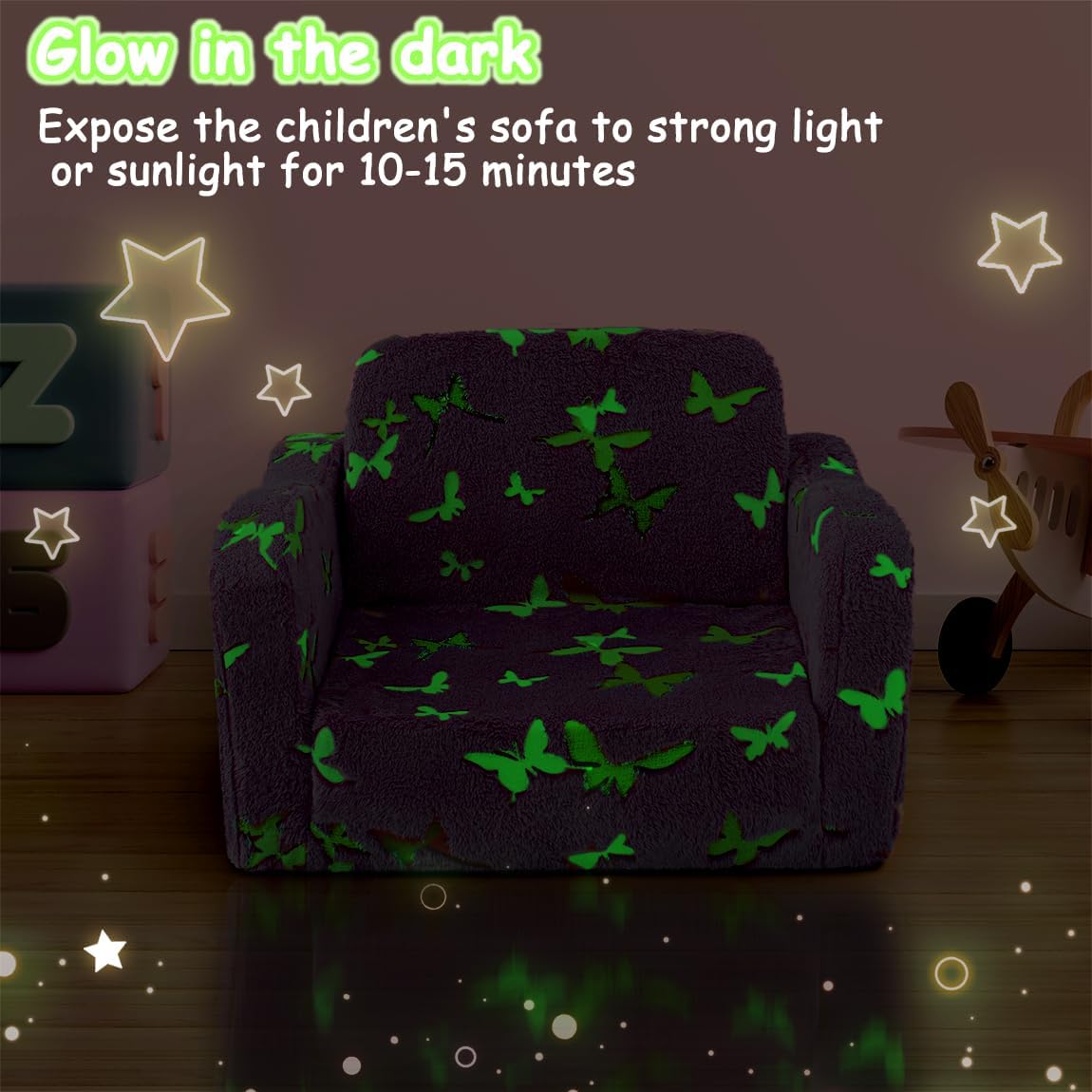 Kids Toddler Chair, 2-in-1 Toddler Couch Fold Out, Convertible Chairs for Toddlers Comfy Sofa to Lounger with Glow in The Dark Feature, Soft for Girls and Boys, Glowing Butterfly