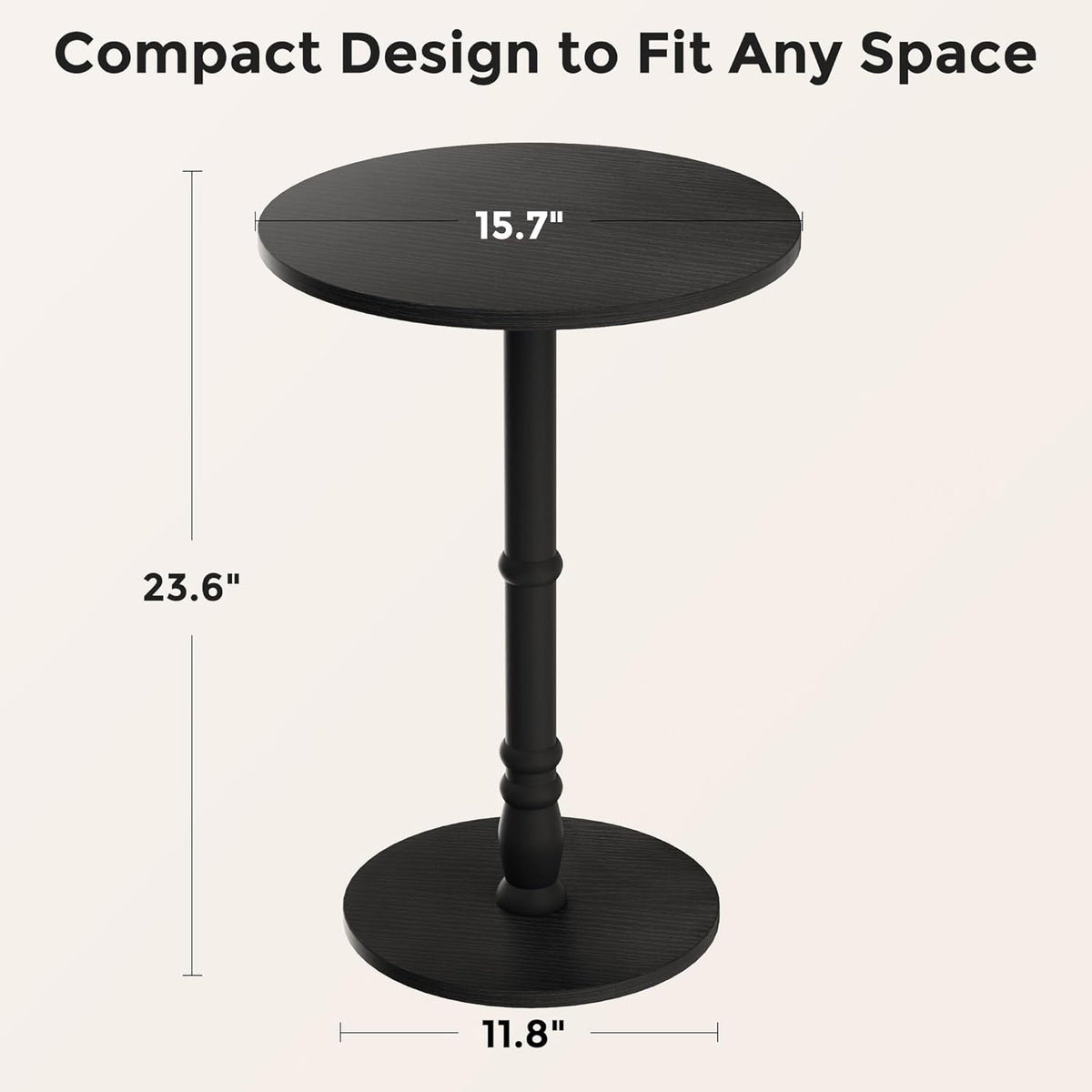 Round Side Table, Solid Wood Pillar, Large 15.7" Top, Small Accent Table for Living Room, Bedroom, Sofa, Entryway & Office, Easy Assembly, Black