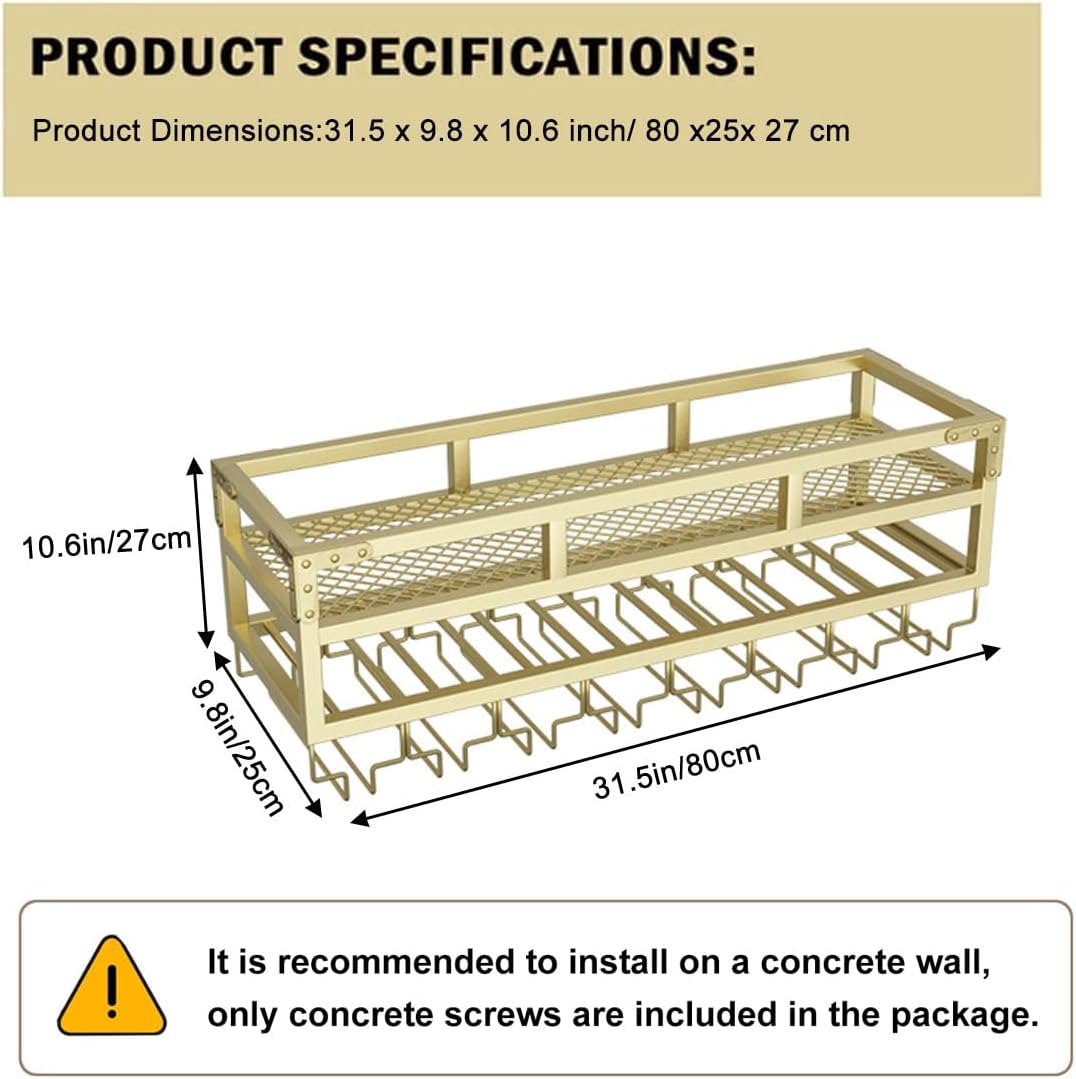 LED Wine Rack Wall Mounted, Industrial Metal Wall Wine Shelf & Glass Holder, Large Floating Shelves Wine Bottle Storage Display Rack for Home Bar Dining Room Decor(Gold, 31.5 x 9.8 x 10.6 inch)