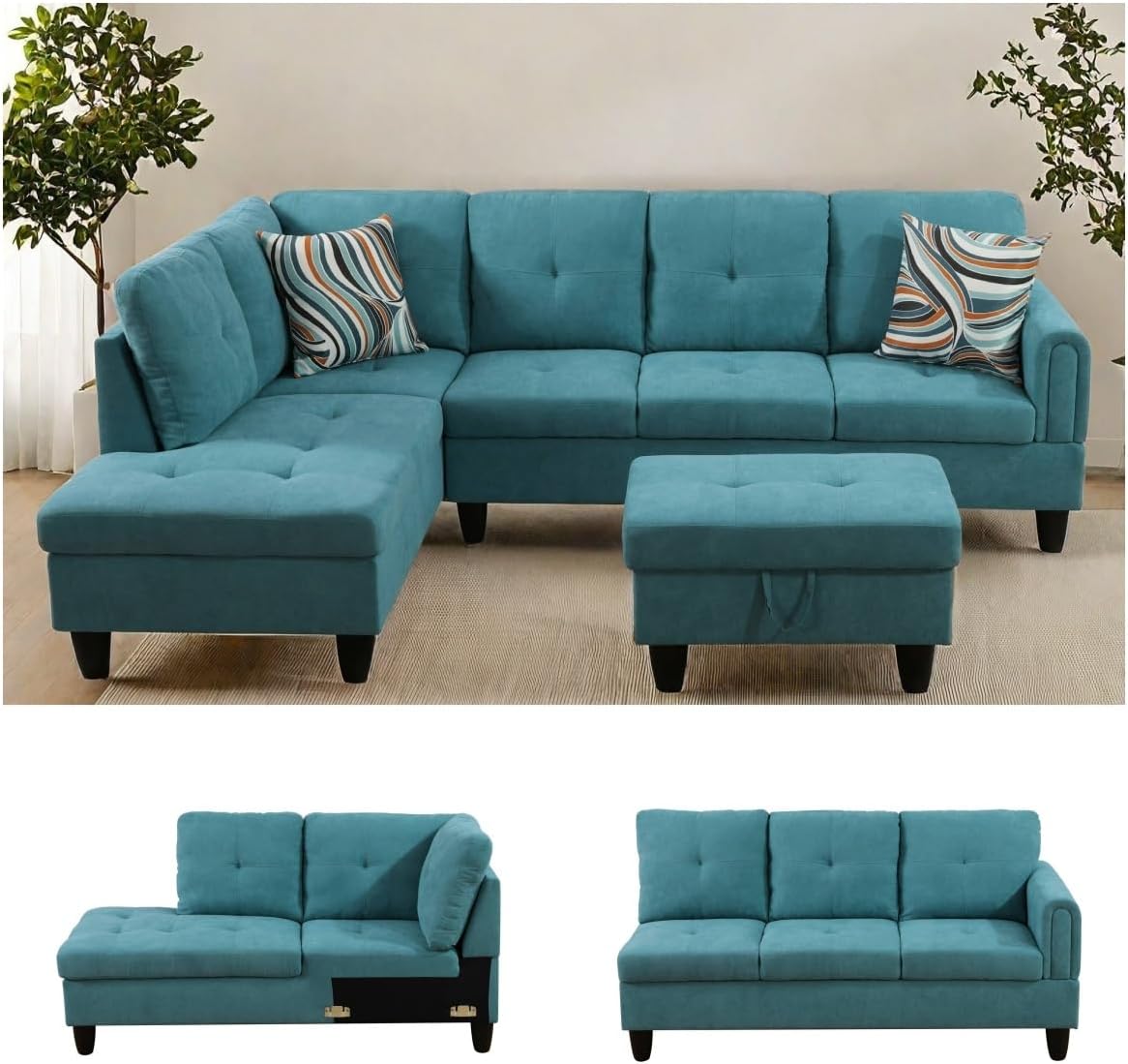 NAYSAYE Sectional Couch with Ottoman Storage, L Shaped Couch Sofa Furniture Sets, Modern Comfy Modular Comfy Sofa for Living Room Bedroom, Office and Apartment, Blue