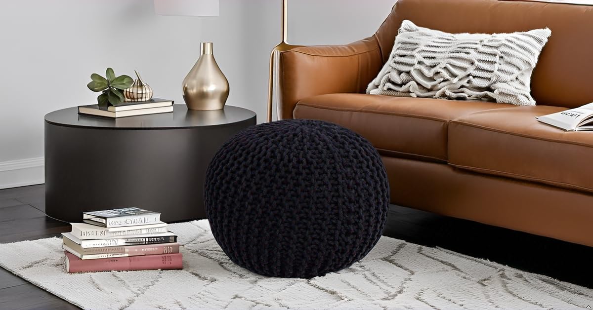 FRELISH DECOR Round Pouf Ottoman Hand Knitted 100% Cotton Pouf Foot Stool - Knitted Bean Bag - Floor Chair for Living Room Bedroom - Foot Rest for Couch (20 Diameter x 14 Height) - Black