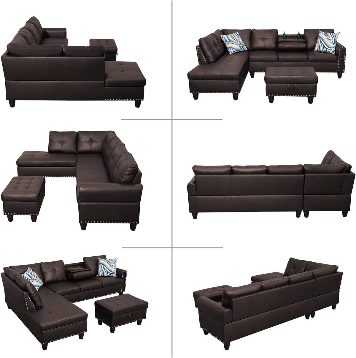 L Shaped Modular Sectional Sofa with Reversible Chaise Lounge, 5-Seater Corner Couch, PU Leather Convertible Sofá w/Movable Ottoman, Cup Holders, 2 Pillows and Rivet Ornament for Living Room