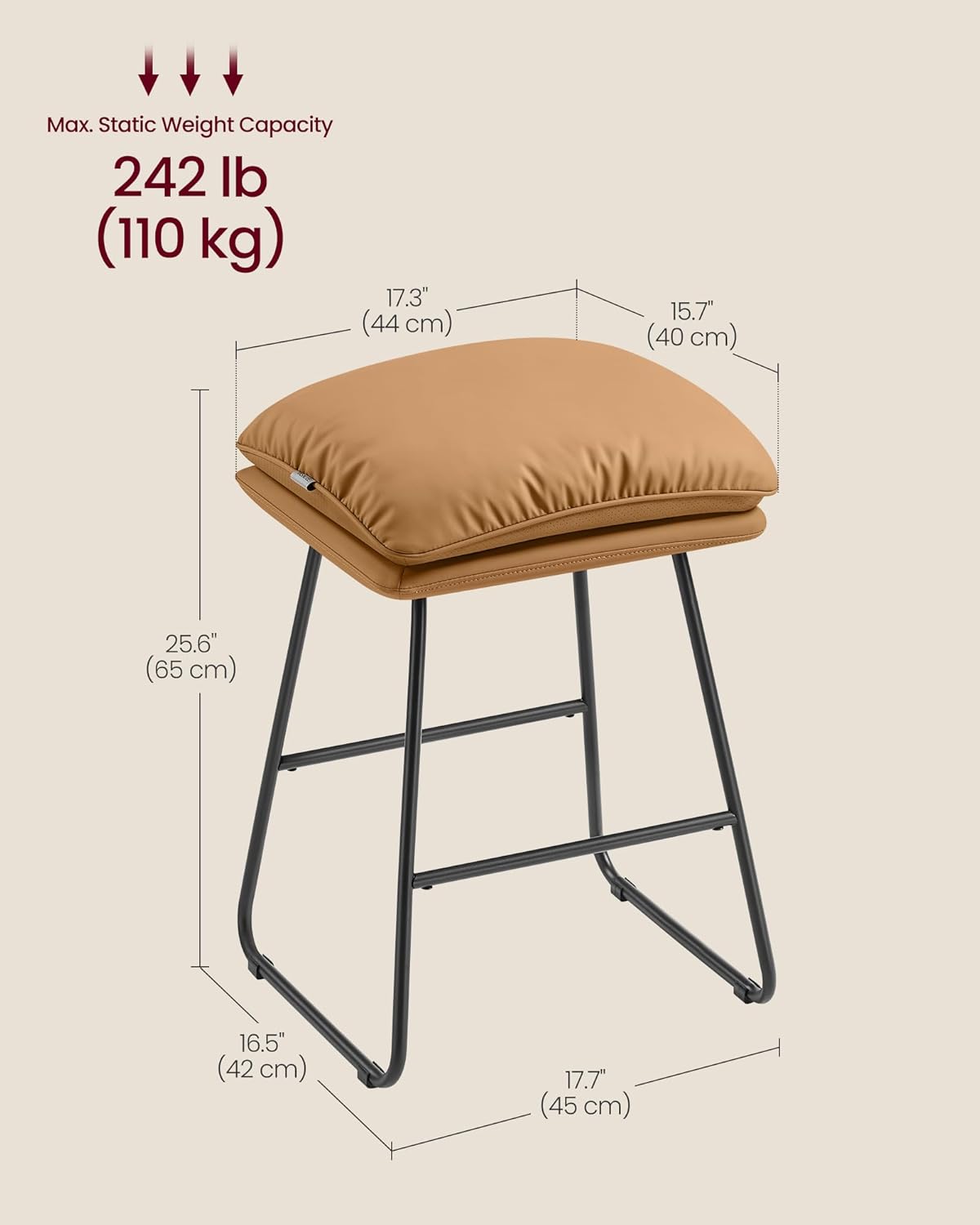 VASAGLE Bar Stools Set of 4, Counter Height Bar Stools, Leather Counter Stools Barstools with Soft Cushion and Metal Sled Legs, 25.6 Inches Bar Height Bar Chairs for Kitchen Island, Caramel Brown