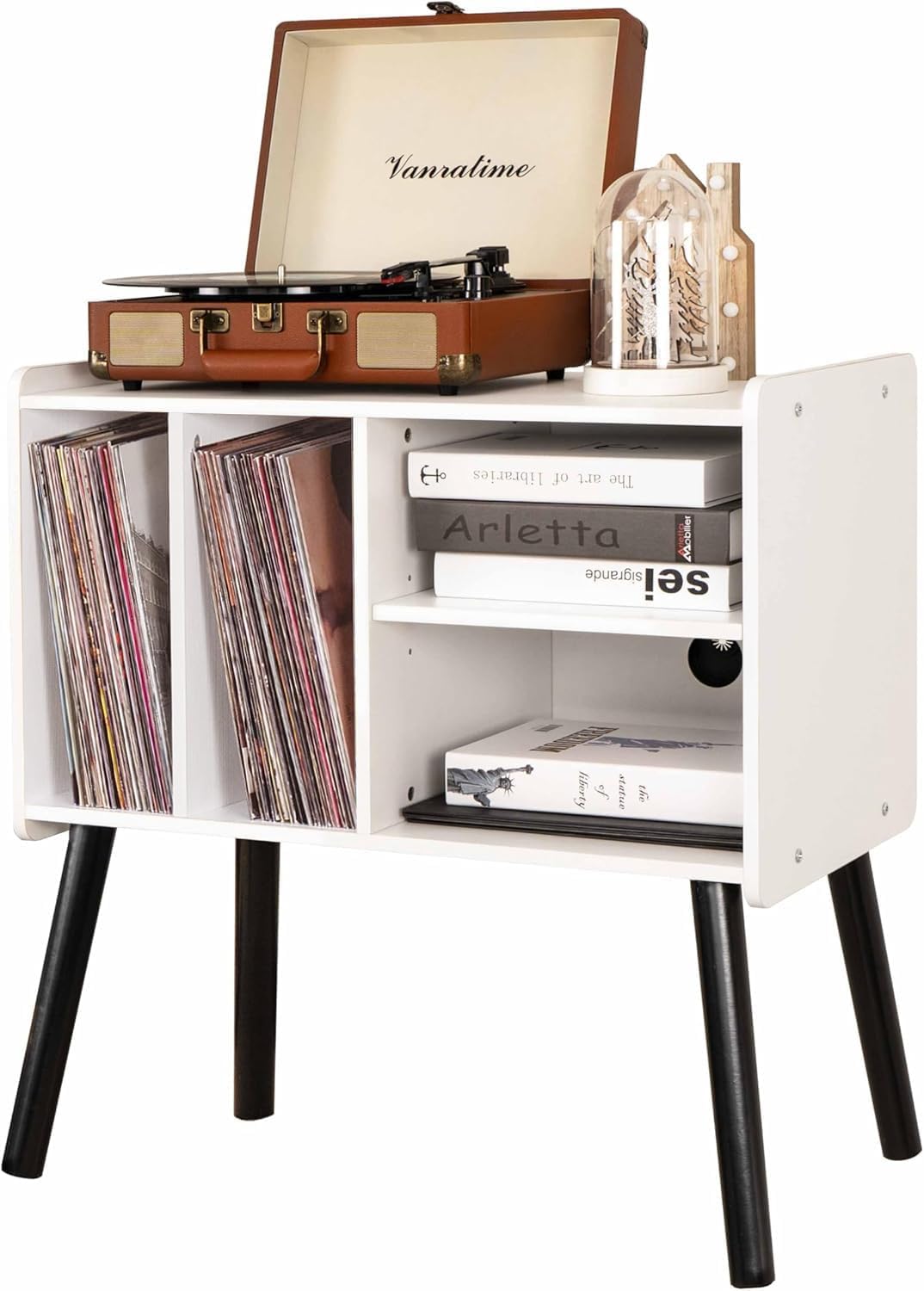 Record Player Table, Mid-Century Record Player Stand with Vinyl Storage Hold Up to 150+ Albums, Vinyl Record Cabinet with Adjustable Shelves, Wood Turntable Stand for Music Living Room (White)