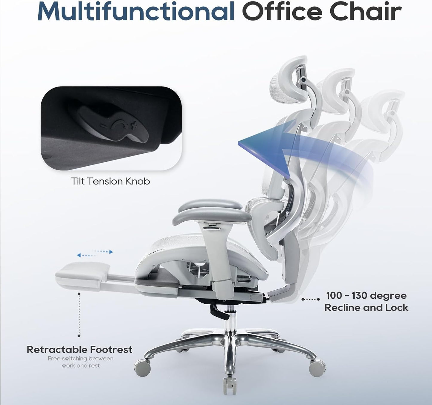 COLAMY Ergonomic Mesh Office Chair with Footrest, Executive High Back Computer Desk Chair with Wide Headrest and Adjustable 3D Arms, Backrest Height, Tilt Lock and Lumbar Support, Grey