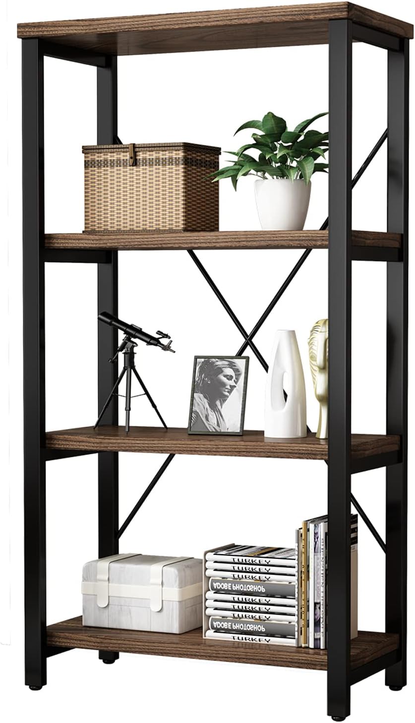 4 Tier Bookshelf, Solid Wood Bookcase Shelf Storage Organizer, Vintage Storage Rack with Open Shelves Rustic Standing Bookshelves for Living Room,Bedroom Rustic Brown(AY01-4tier)