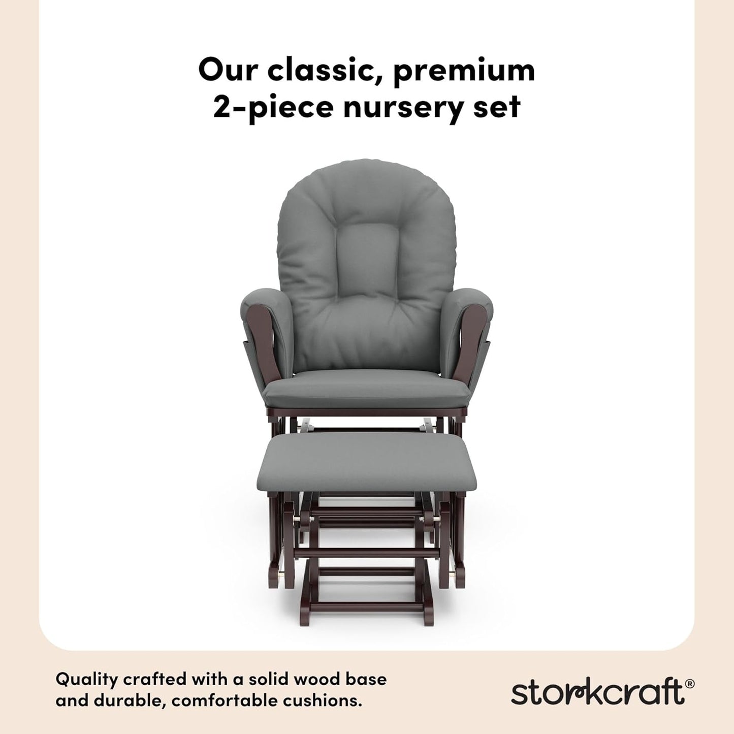 Storkcraft Premium Hoop Glider & Ottoman (Espresso/Gray) — GREENGUARD Gold Certified Nursery Glider, Solid Wood Craftsmanship, Smooth-Gliding Nursery Chair and Ottoman, Award-Winning