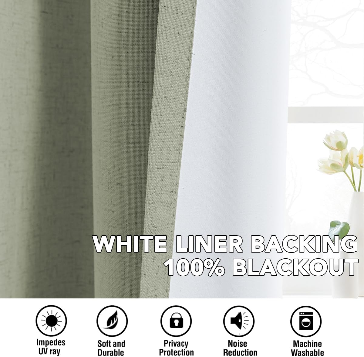 H.VERSAILTEX Linen Curtains 100% Blackout Curtains for Bedroom 96 inch Long Full Light Blocking Nature Linen Blended Window Curtains for Living Room Nickel Grommet (2 Panels, Heathered Tea)