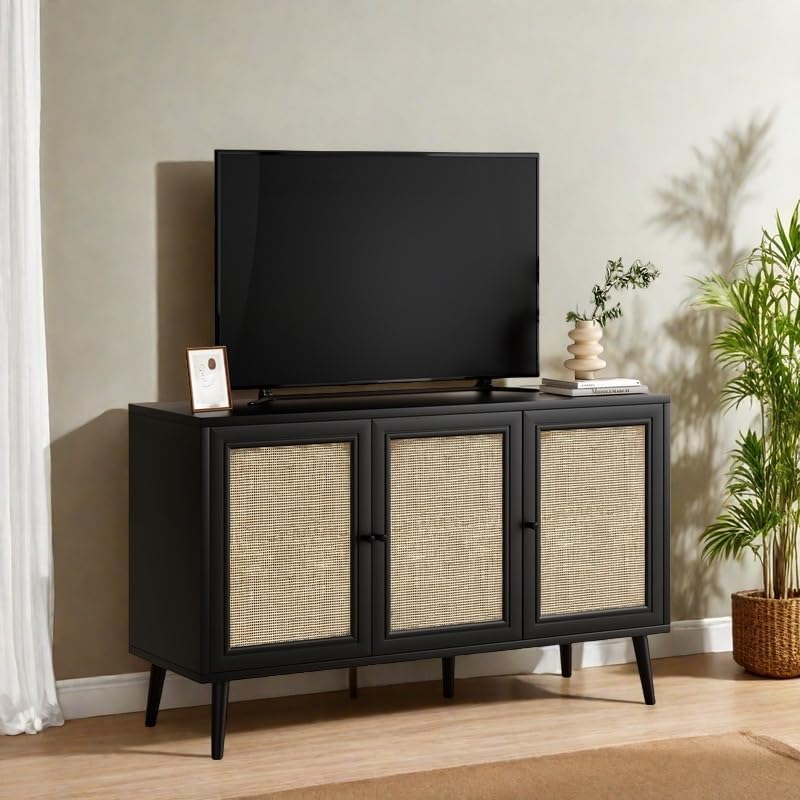 Rattan Entryway Table, Entertainment Center with Adjustable Shelf, Sideboard Buffet Cabinet with 3 Rattan Doors, Modern Console Cabinet with Large Storage for Living Room, Kitchen, Black