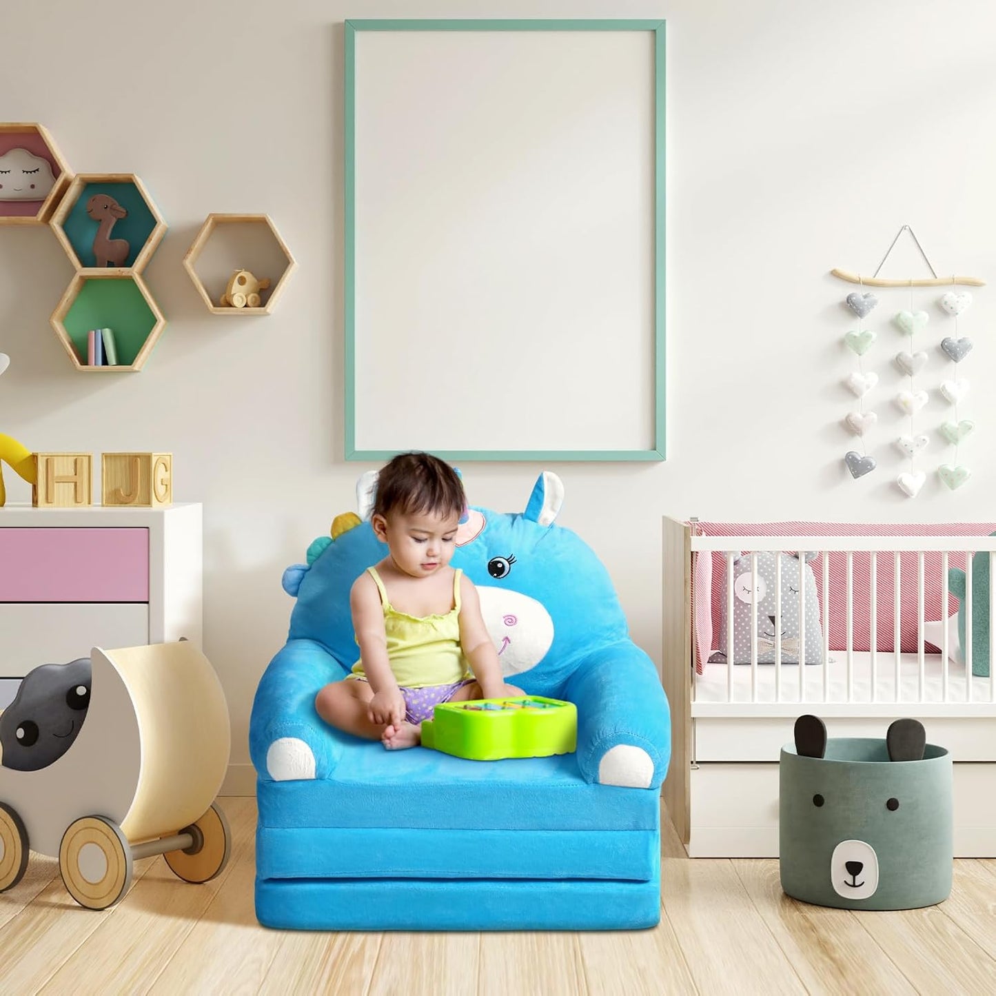 Unicorn Kids Couch Fold Out 2-in-1 Toddler Sofa Fold Out with Blanket, Soft Toddler Chair Comfy for Boys Girls Baby, Convertible Sofa to Lounger for Napping Reading Playing Christmas, Blue