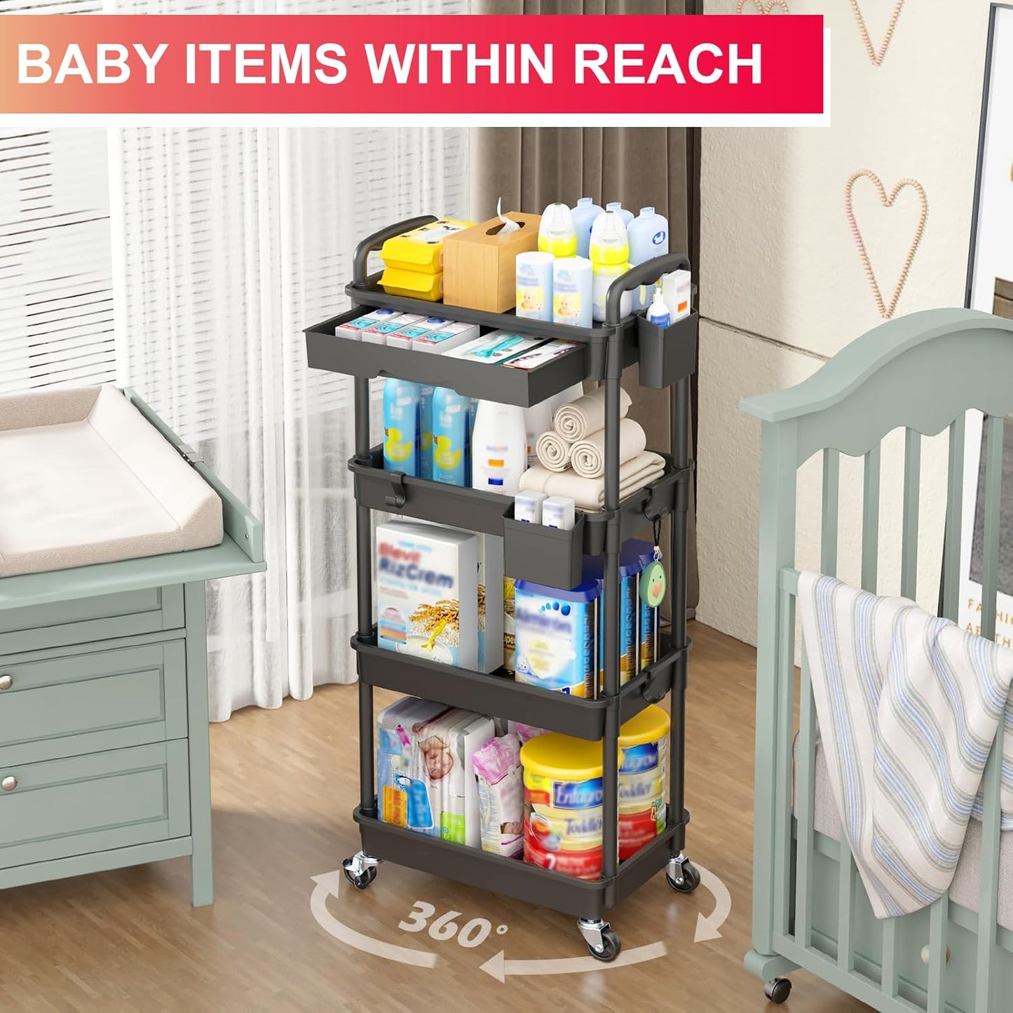 Goovilla 4 Tier Rolling Utility Cart Organizer with Removable Drawer, Stable and Sturdy Black Rolling Storage Carts with 2 Lockable Wheels for Bathroom, Kitchen, Snack, Craft, Makeup, Baby Essentials