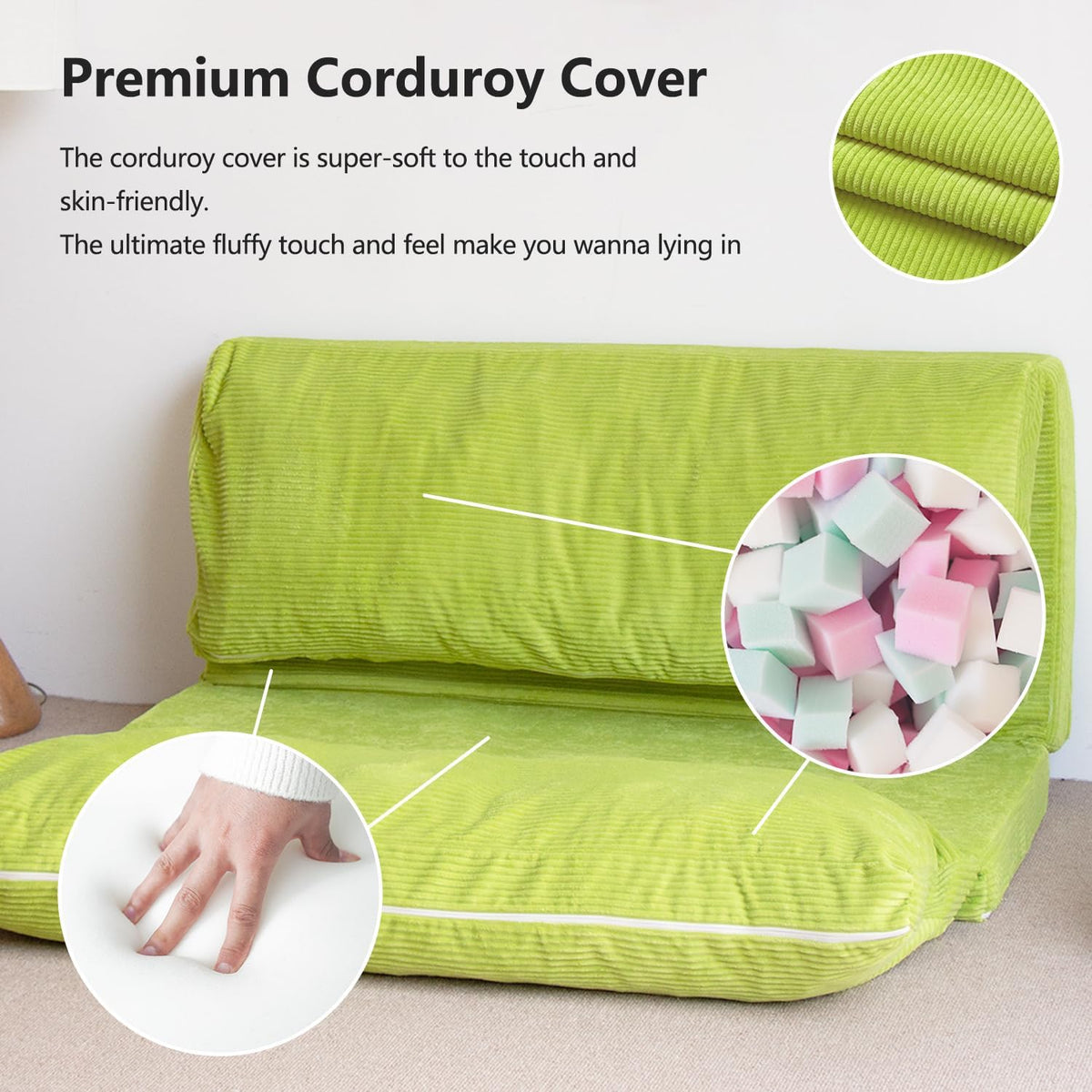 N&V L92×W58 Inch Large Folding Matress Sofa Bean Bag, Foam Filling Folding Matress Sofa, Includes Removable and Machine Washable Cover Patent No.: US D1,018,079 S (Lime, Large Corduoy), 94024