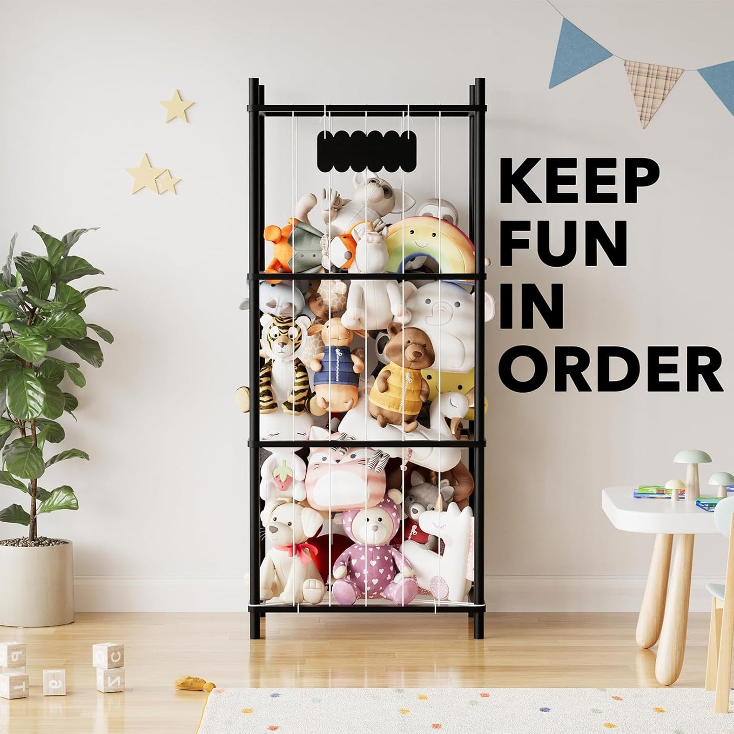 SpaceAid Stuffed Animal Storage Organizer, Wood Animals Zoo Toy Plushies Storage Holder, Large Capacity Plush Toy Cage for Playroom Organization, 22.8" Wide, Black