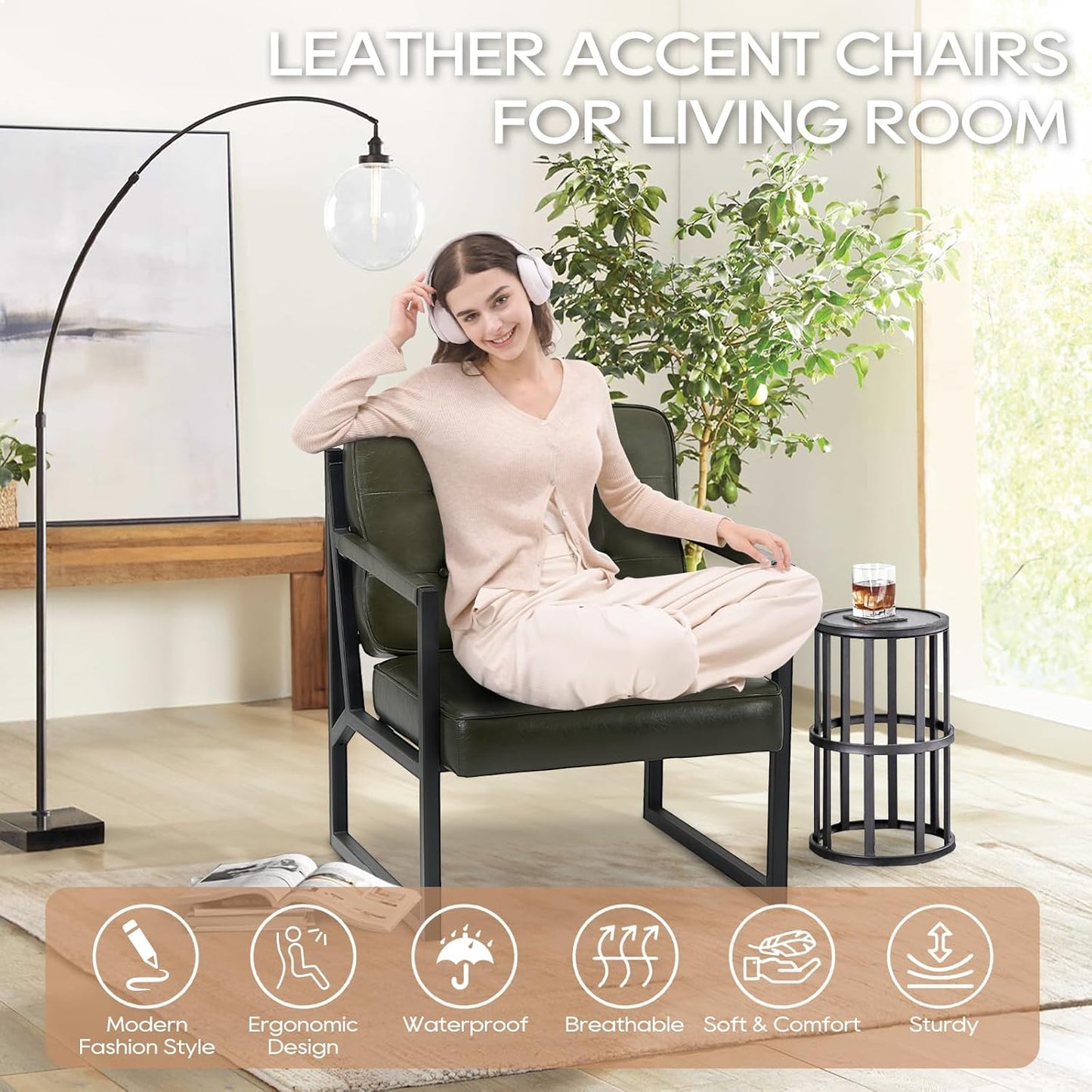 COLAMY Modern Accent Chair, Accent Arm Chair for Living Room, Comfy Leather Armchair with Metal Legs for Bedroom Reception Waiting Room, Green