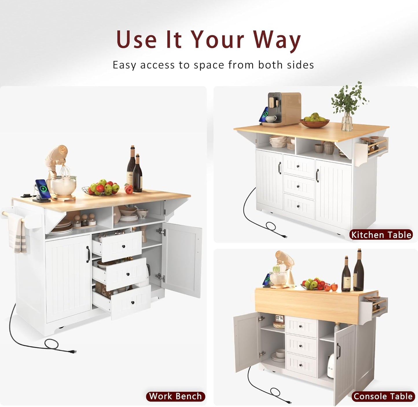 56" Large Kitchen Island with 2 Drop Leafs,Rolling Kitchen Cart on 5 Wheels W/Power Outlet & 3 Drawers,Folding Storage Dining Table W/Spice & Towel Racks,for Kitchen,Dining Room,White