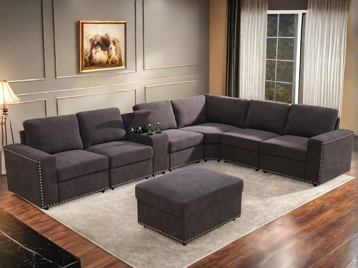 Sectional Couches for Living Room, Modular Sectional Sofa with Ottoman, Modern Nail-Head Design Large Corner L Shaped Couch with Cup Holder for Bedroom, Brown