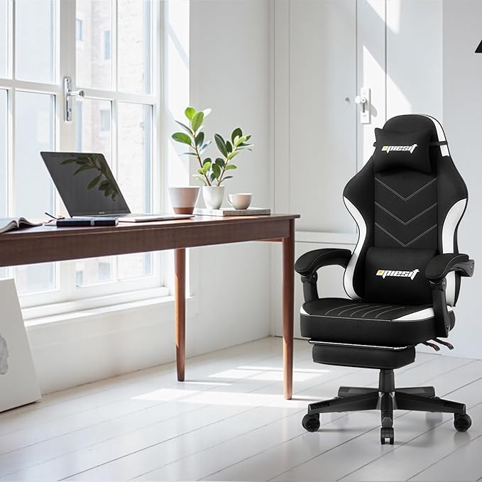 Gaming Chair,Fabric Computer Chair with Pocket Spring Cushion,400 lb Load Capacity,Ergonomic Office Chair with Footrest,Height Adjustable Video Gamer Chair with Lumbar Support (Black)