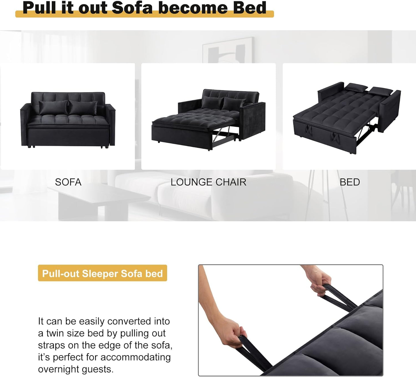 3 in1 Sofa Bed, Pull-Out Sleeper Sofa Bed with 3-Level Adjustable Backrest, Velvet Fabric Convertible Love Seat Sleepers Beds for Living Room & Bedroom & Apartment, Black