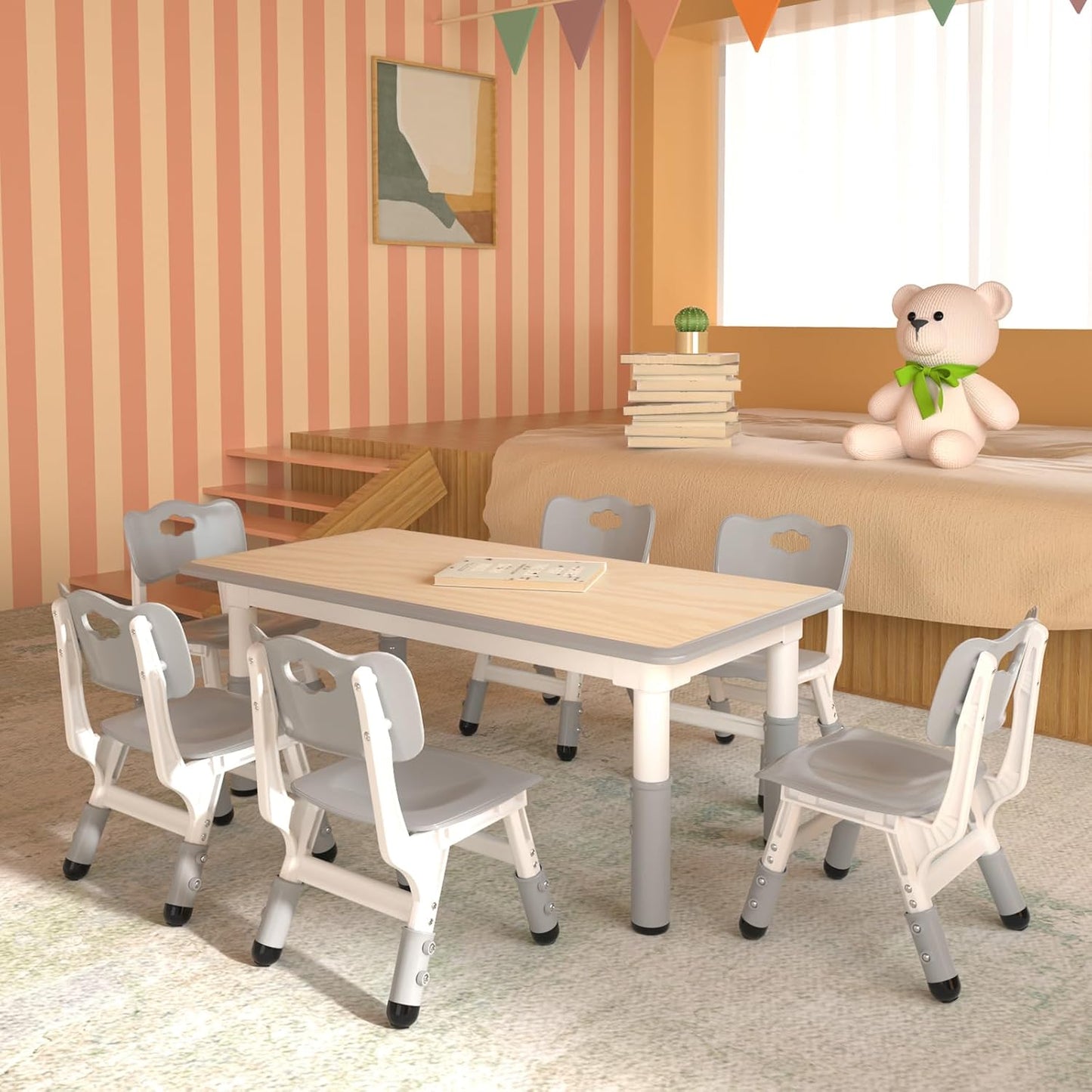 Kids Table and 6 Chairs Set,Height Adjustable Children Table & Chair,Toddlers Study Multi-Activity Table with 47.2"x23.6" Wipe-Clean Desktop,for Classrooms, Homes & Daycares