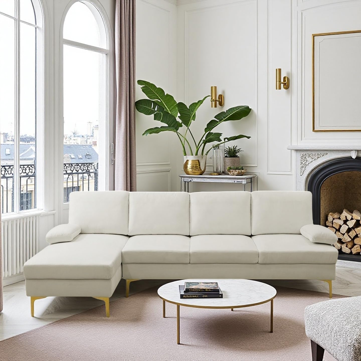 L Shape Sofa with Chaise, 4 Seat Living Room Sofa Set with Golden Wooden Leg, Sectional Couch with Fluffy Fabric, for Living Room, Apartment, Off-White