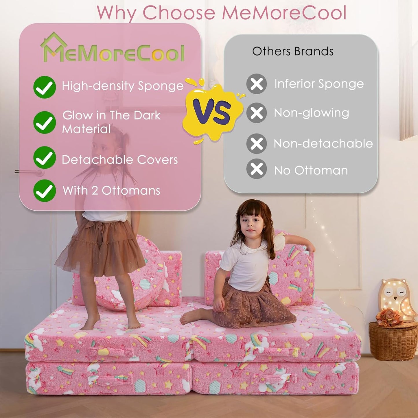 MeMoreCool Modular Pink Unicorn Glow-in-The-Dark Kids Play Couch, 8-Piece Convertible Toddler Sofa for Playroom