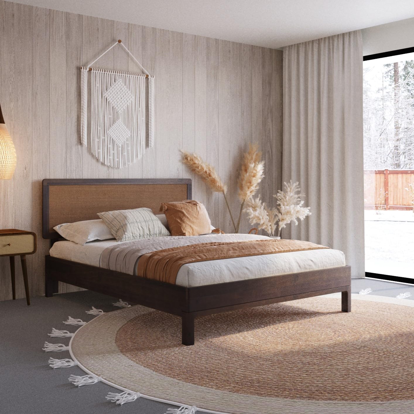 Bme Nipe Queen 14 Inch Bohemian Bed Frame with Adjustable Woven Headboard - Rustic & Vintage Unique Style with Acacia Wood - No Box Spring Needed - Easy Assembly - Walnut