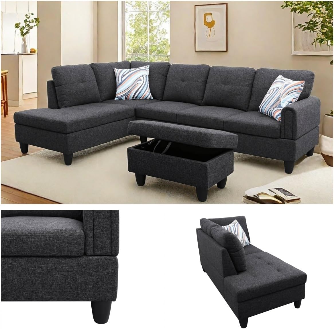 NAYSAYE Sectional Couch with Ottoman Storage, L Shaped Couch Sofa Furniture Sets, Modern Comfy Modular Comfy Sofa for Living Room Bedroom, Office and Apartment, Black