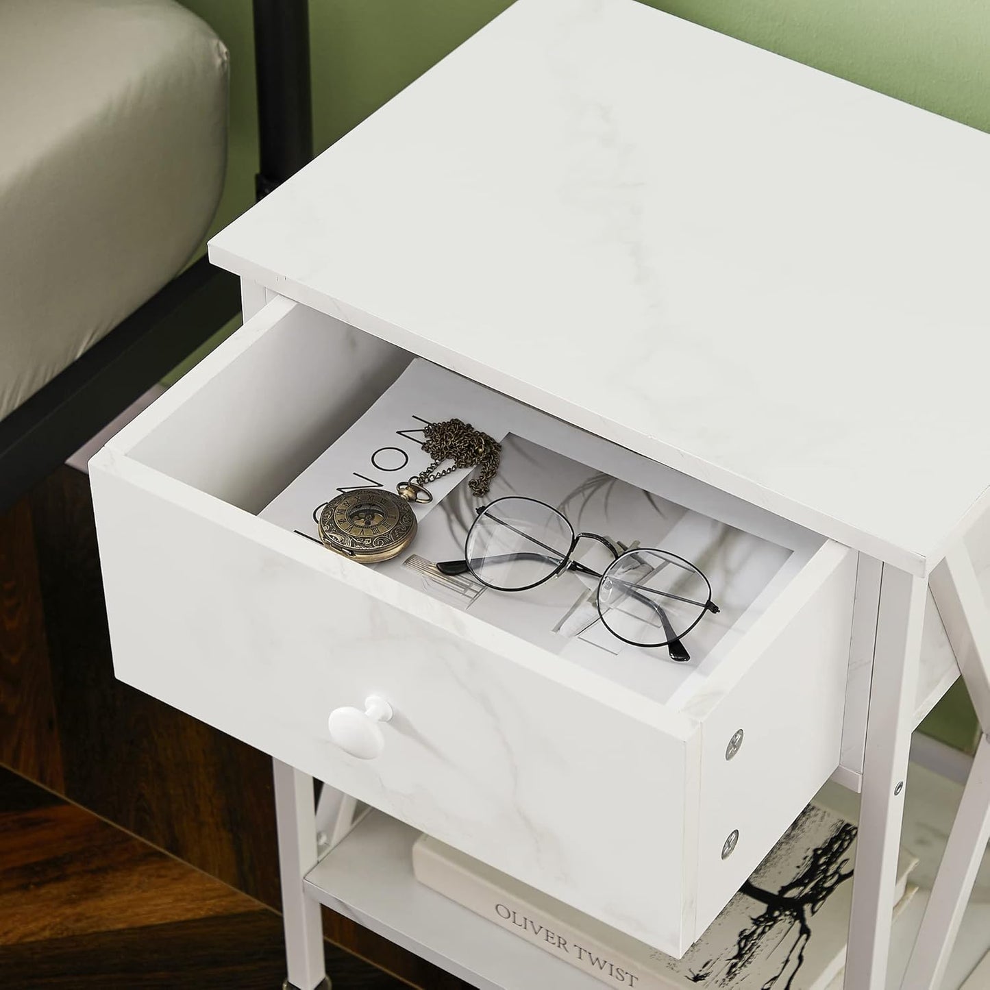 VECELO Nightstands Set of 2, Modern Bedside End Tables, Night Stands with Drawer and Storage Shelf for Living Room Bedroom, Industrial Metal Frame