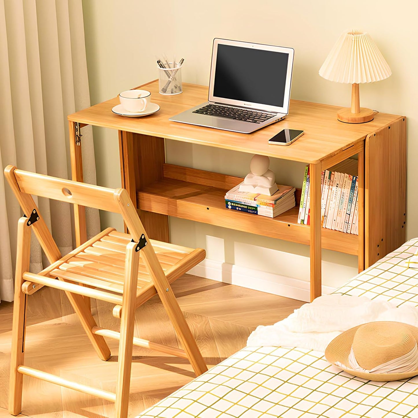 Bamboo Folding Desk Mid Century Modern Desk for Home Office Bedroom Small Spaces,Natural
