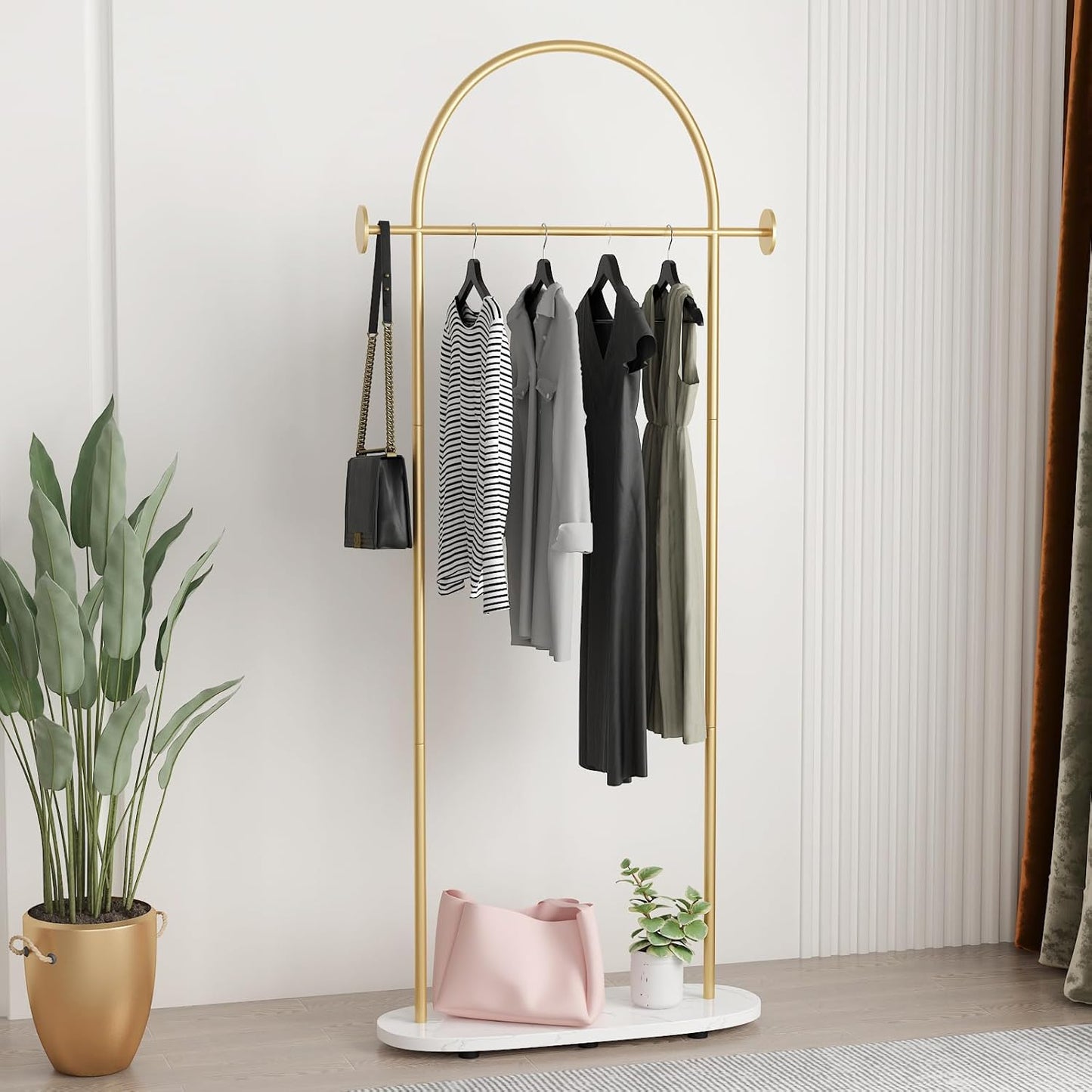 Gold Clothing Rack, Modern Clothes Rack with Shelf, Heavy Duty Freestanding Coat Rack, Metal Coat Hanger Stand with Hooks for Boutique Office