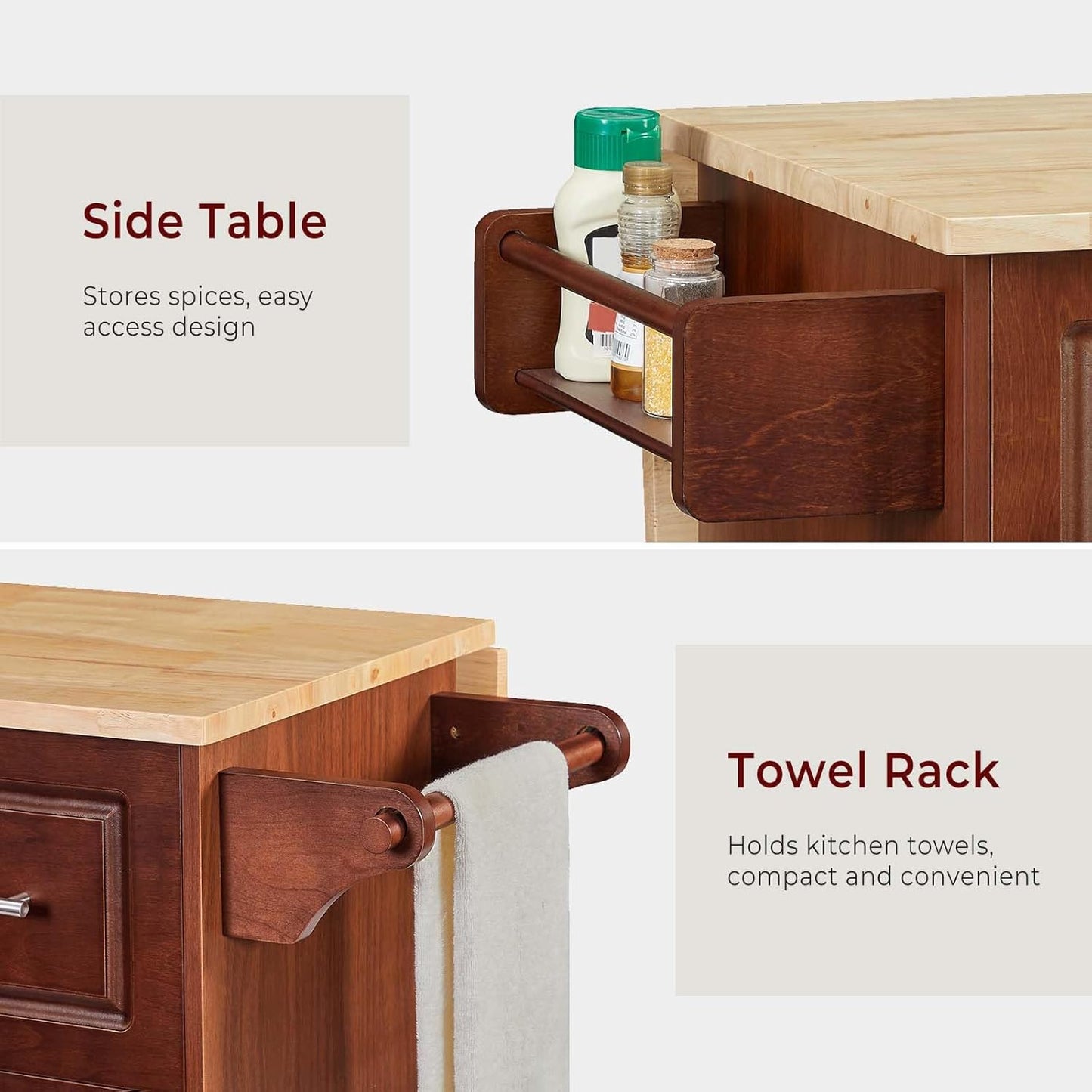 Walnut 54" Rolling Kitchen Island Cart with Storage, Large Kitchen Cart with Folding Drop Leaf Breakfast Bar, Wood Island Table with 3 Drawers and Spice Rack & Towel Rack, Brown