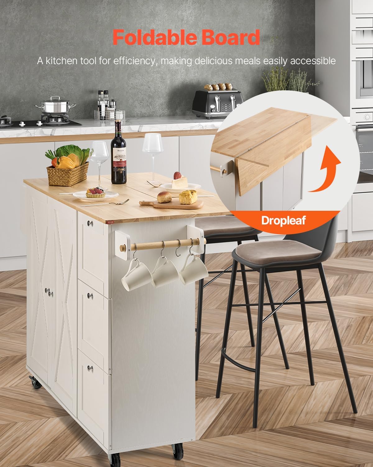 VEVOR Kitchen Island Cart, 45.3x39 inch Rolling Kitchen Table, Mobile Carts with Storage Cabinet and Solid Wood Top, Portable Islands with Wheels, Spice Rack, Towel Rack, Drop Leaf and Drawer, White