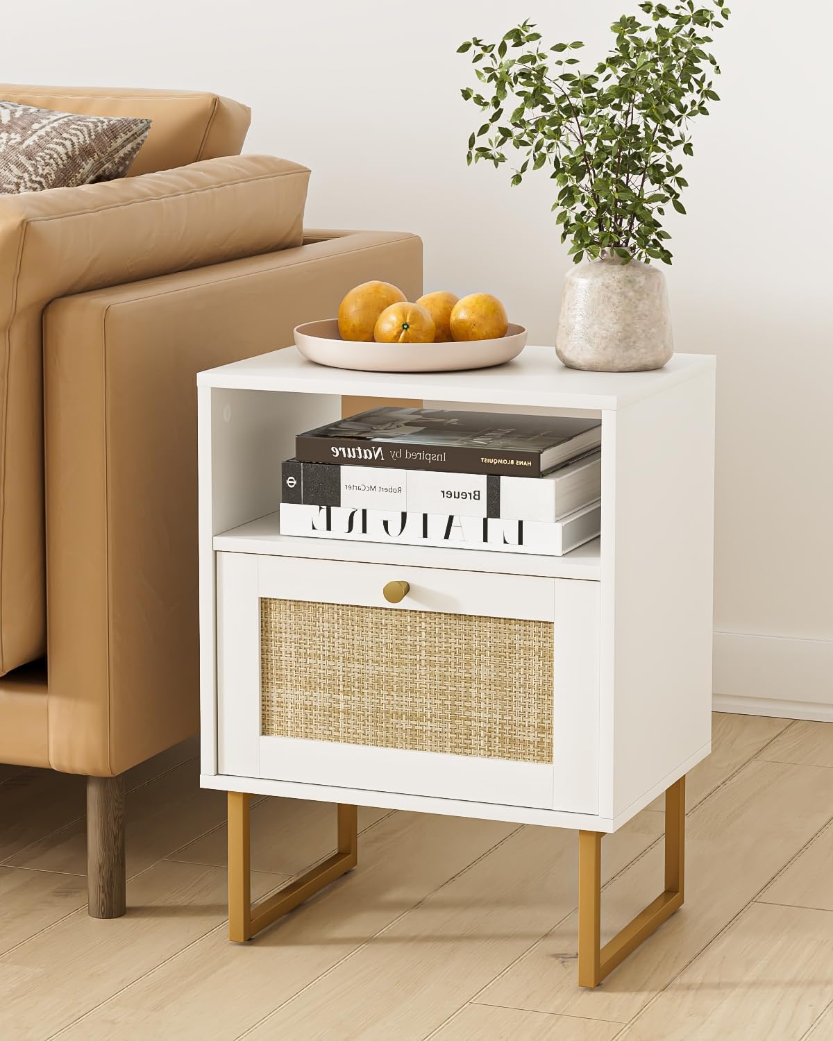 Rattan Nightstand, Boho Night Stand Farmhouse Wood Bedside Table with Storage and Open Shelf, End Side Accent Table for Bedroom,Living Room,White