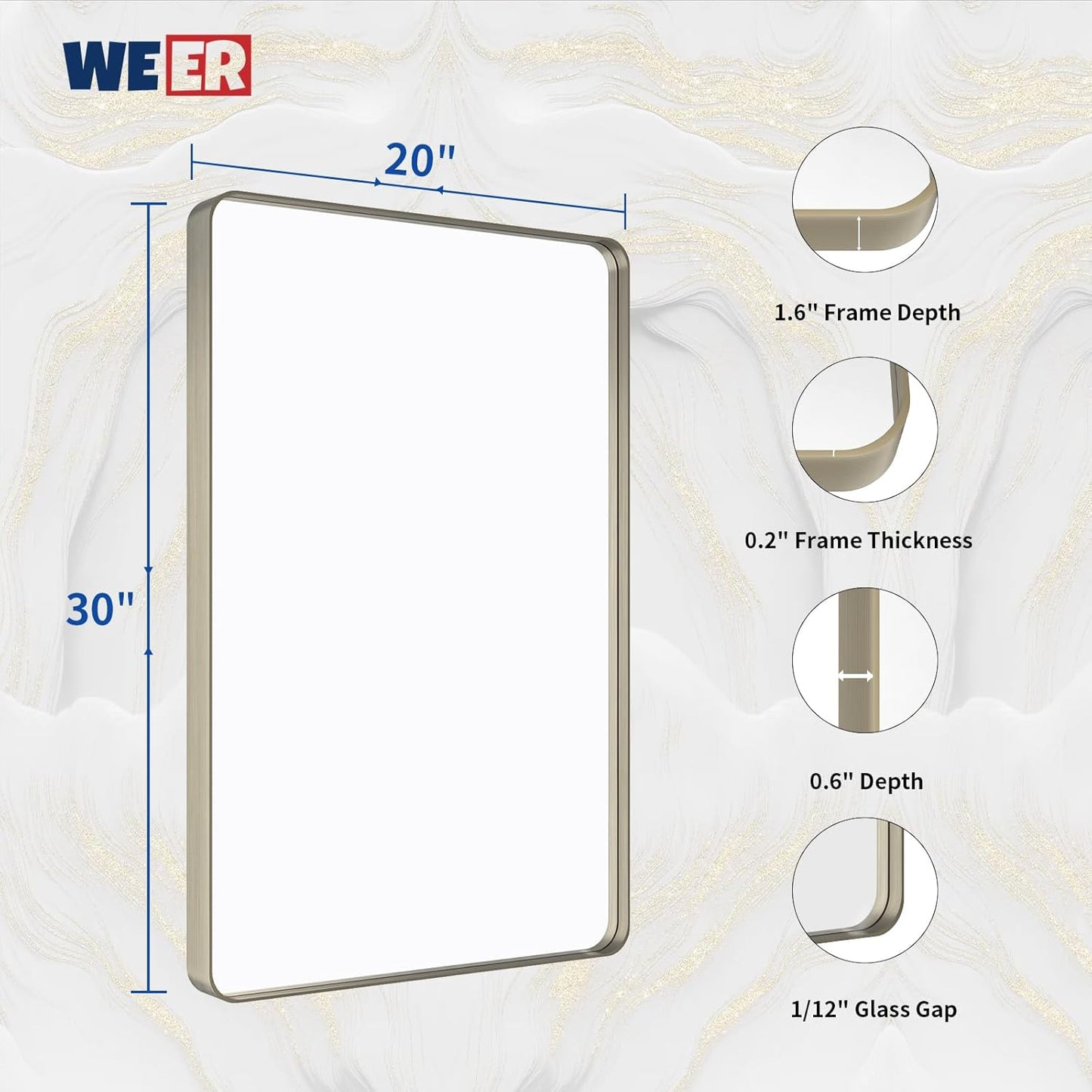 WEER 20X30 Inch Brushed Nickel Bathroom Mirror, Brushed Silver Metal Frame Mirror, Rounded Rectangle Silver Bathroom Vanity Mirror, Tempered Glass, Anti-Rust, Hangs Horizontally or Vertically