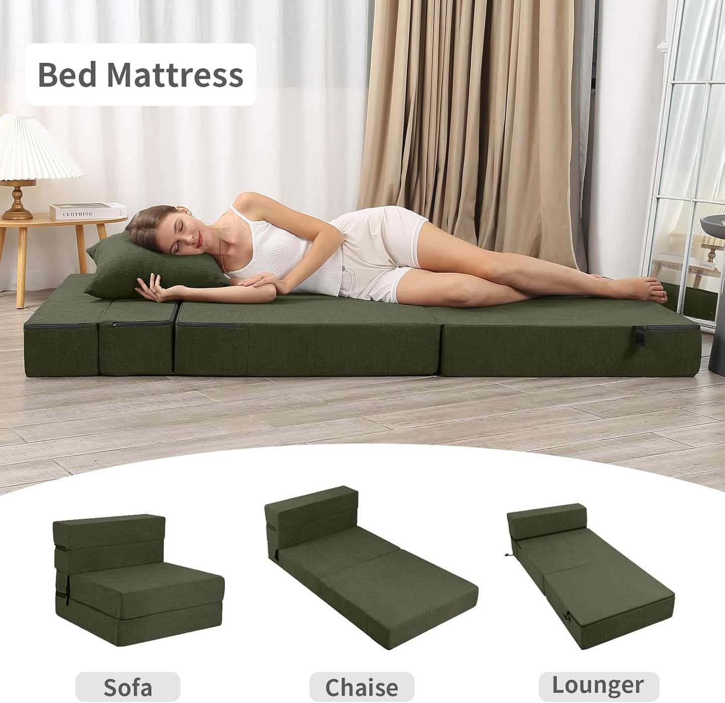 High-Density Memory Foam Folding Sofa Bed with Fluffy Pillow, Single Size, Green