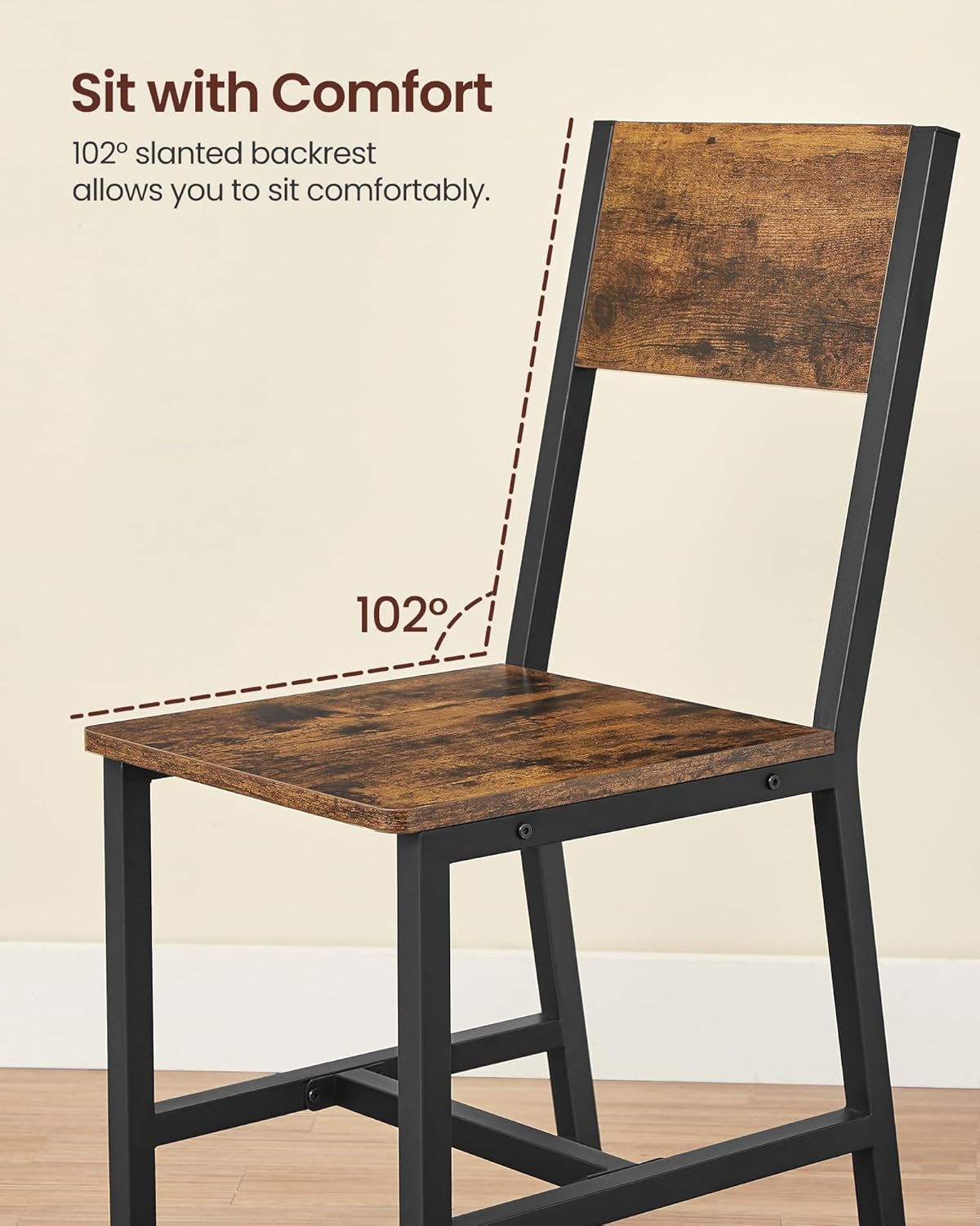 VASAGLE Dining Chair Set of 6, Wood Kitchen Chairs with Metal Steel Frame, Easy to Assemble, Comfortable Seat, Modern Farmhouse Chair for Kitchen, Bedroom, Living Room, Rustic Brown and Ink Black