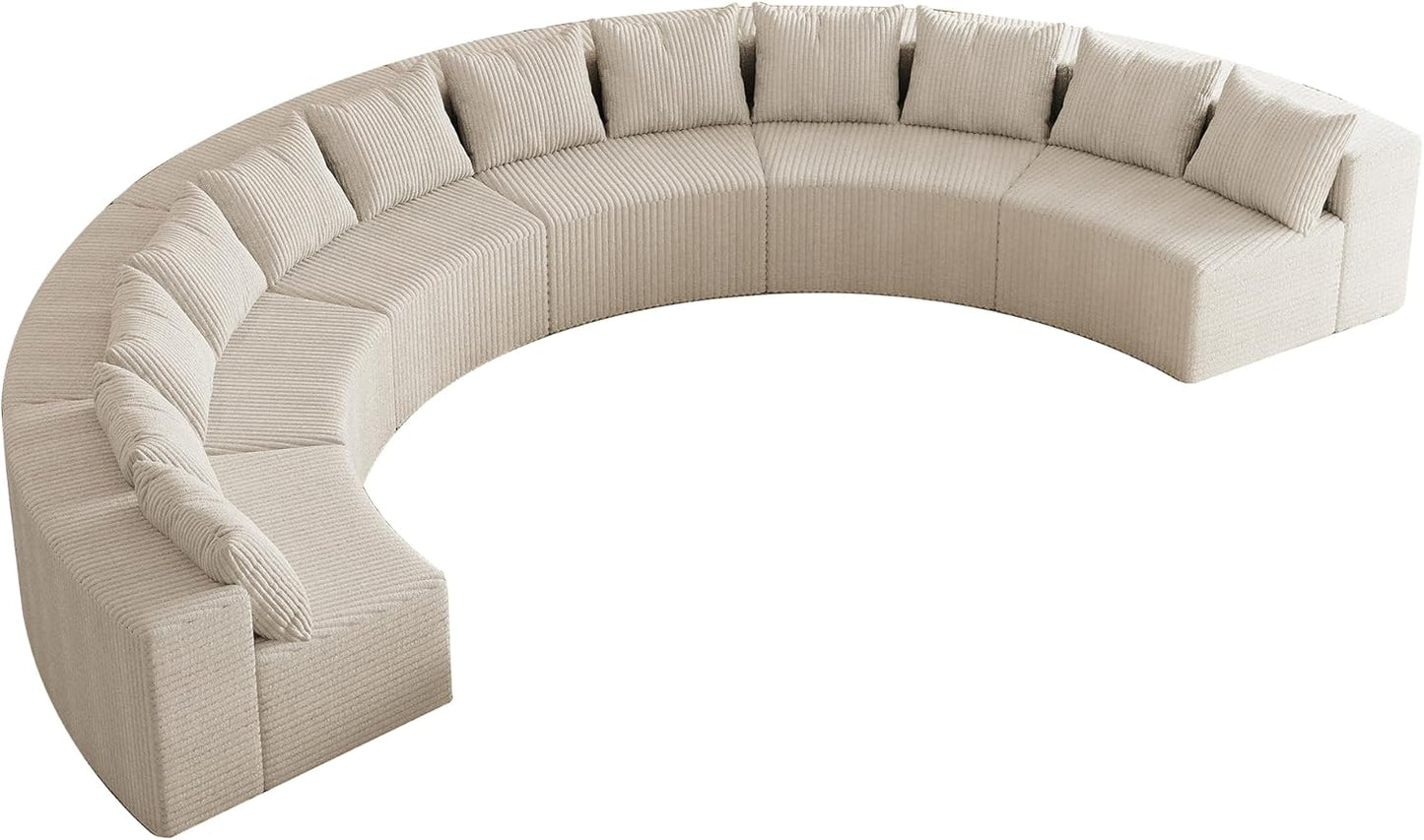 KEIKI Corduroy Curved Sectional Sofa, 6 Seater Symmetrical Modular Semi Circular Couch, Deep Seat Tufted Corner Sofa for Living Room, Lobby, Beige