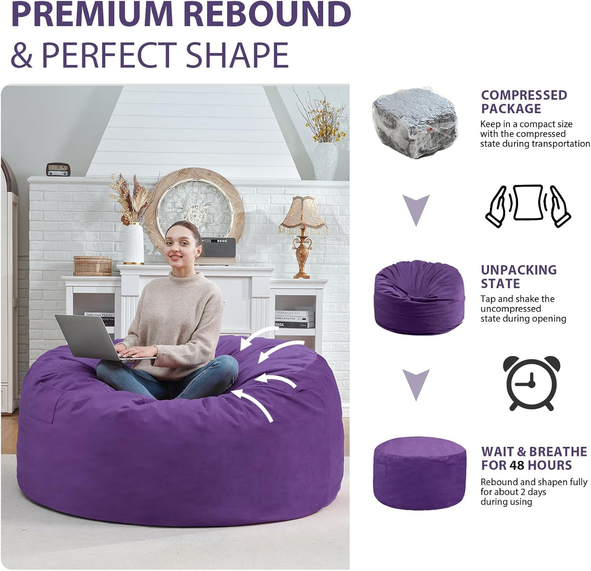 4FT Bean Bag Chair, Large Bean Bag Chairs with Memory Foam Filled, Fluffy Beanbag Sofa with Dutch Velvet Cover, Round BeanBag Chairs for Living Room, Playroom - Purple