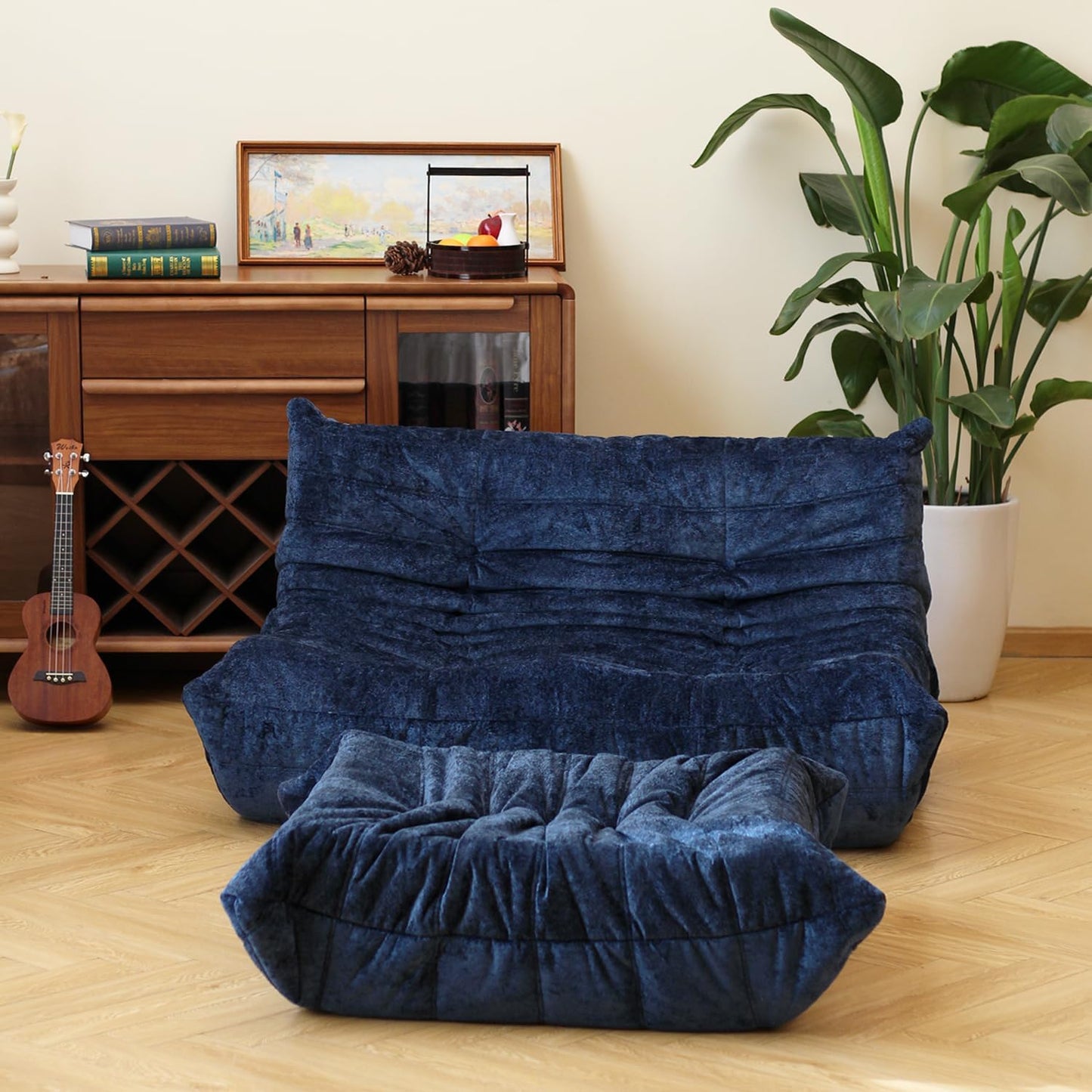N&V Ottoman, Mid Century Armless Floor Sofa, Soft Premium Chenille Floor Lounge Chair, Foam Sofa Accent Chair for Living Room Bedroom and Office (Blue, Ottoman)