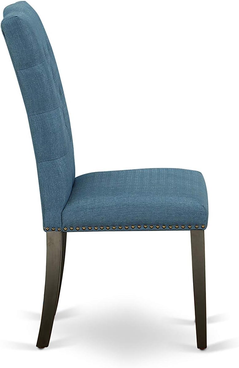 East West Furniture ELP1T21 Elsa Parson Kitchen Chairs - Button Tufted Nailhead Trim Blue Linen Fabric Upholstered Dining Chairs, Set of 2, Black