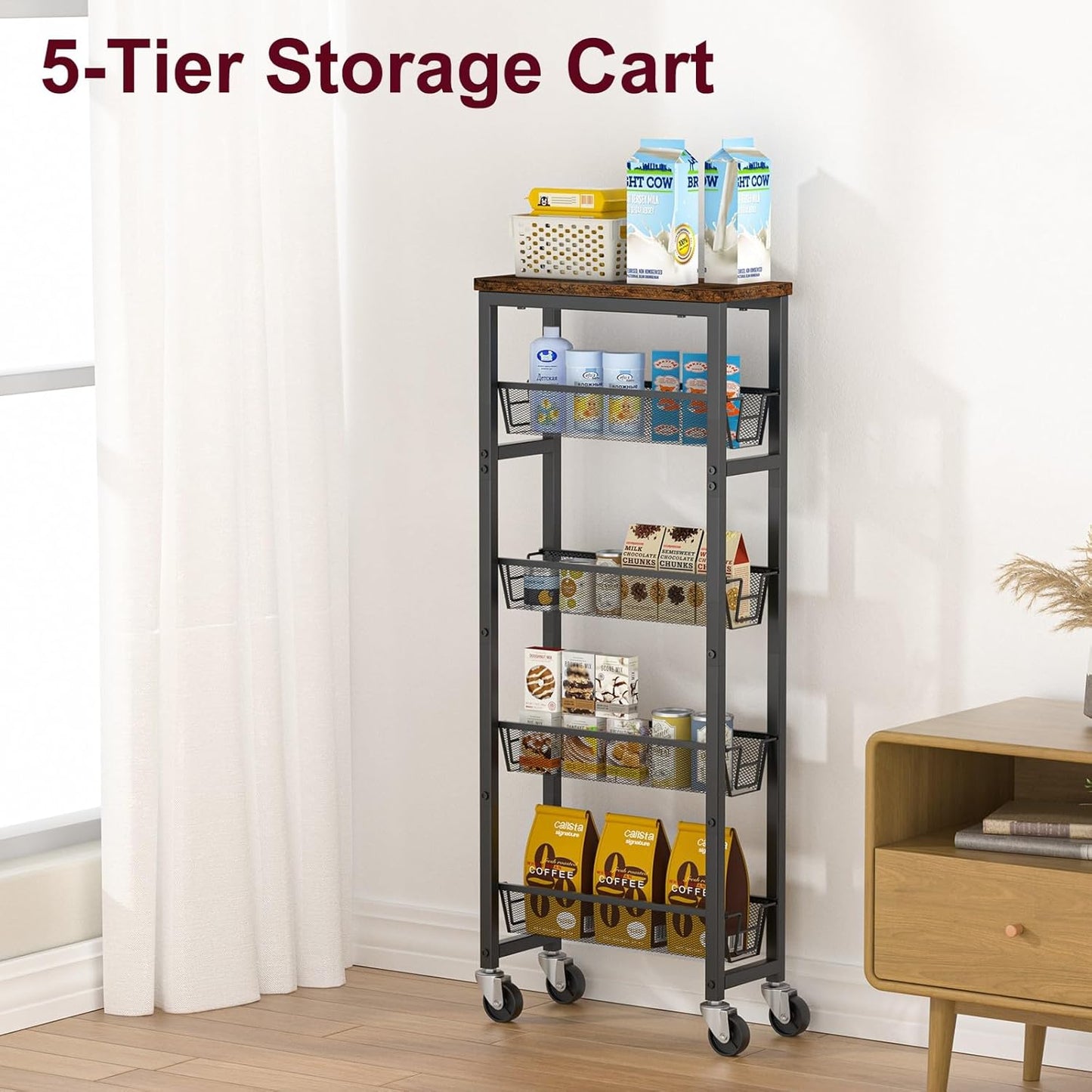 Slim Rolling Cart, 5-Tier Storage Cart, 9.1inch Narrow Kitchen Rolling Cart on Wheels for Small Space, Utility Cart Shelving Unit with Wooden Top and Metal Handle for Kitchen, Bathroom, Laundry Room
