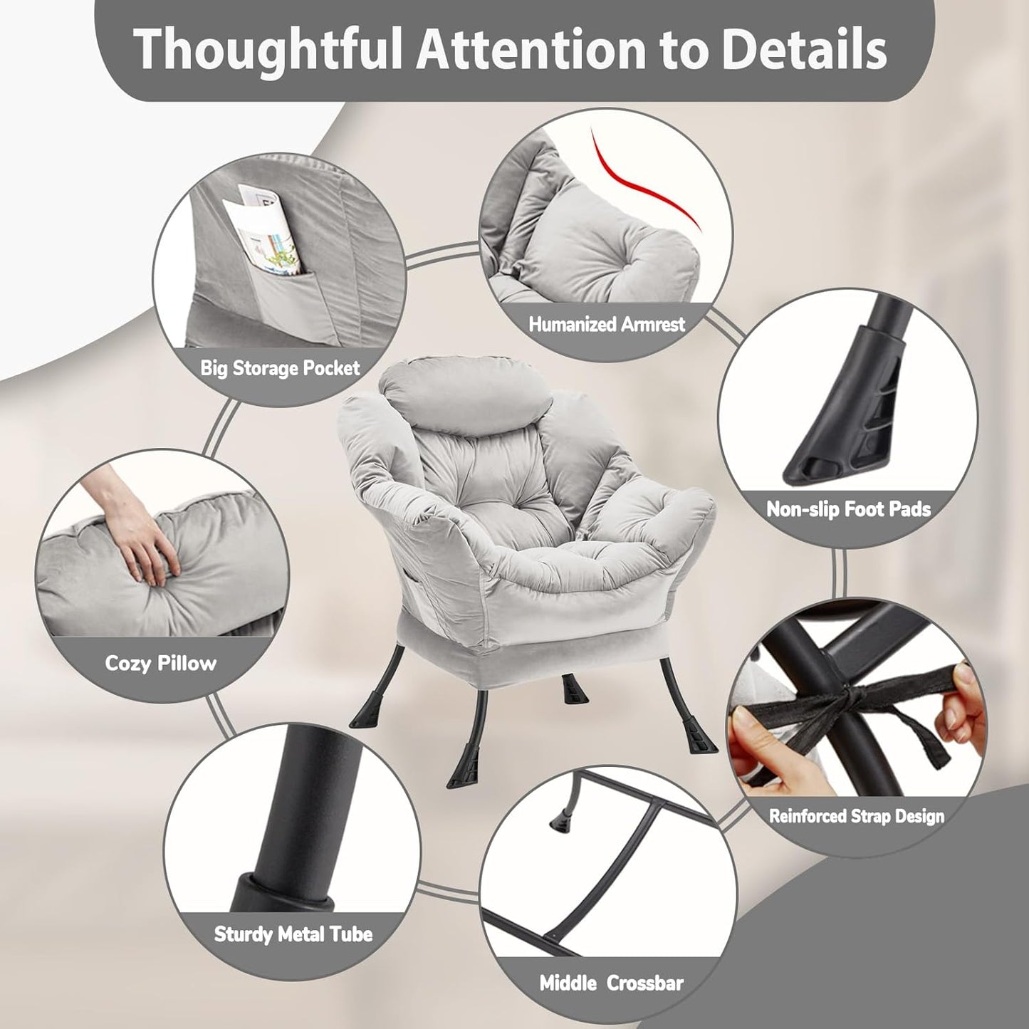 Lazy Chair Thick Padded, Comfy Velvet Accent Lounge Chair with Stable Frame, Leisure Sofa Armchair with Armrests and Side Pocket, Reading Chair for Bedroom, Living Room, Office, Light Gray