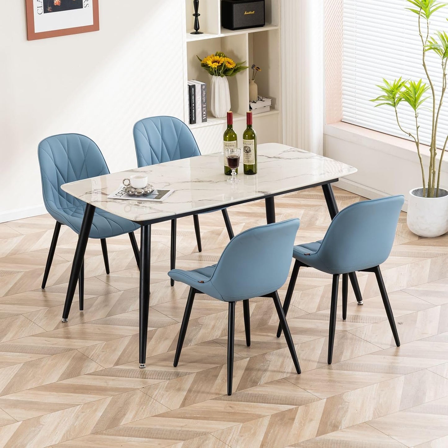 Rowill Dining Chairs Set of 2 Modern Kitchen Chairs with Soft Backrest, Sturdy Metal Legs & Non-Slip Pads, Suitable for Home Kitchen, Faux Leather Upholstered Seats for Dining Room, Blue