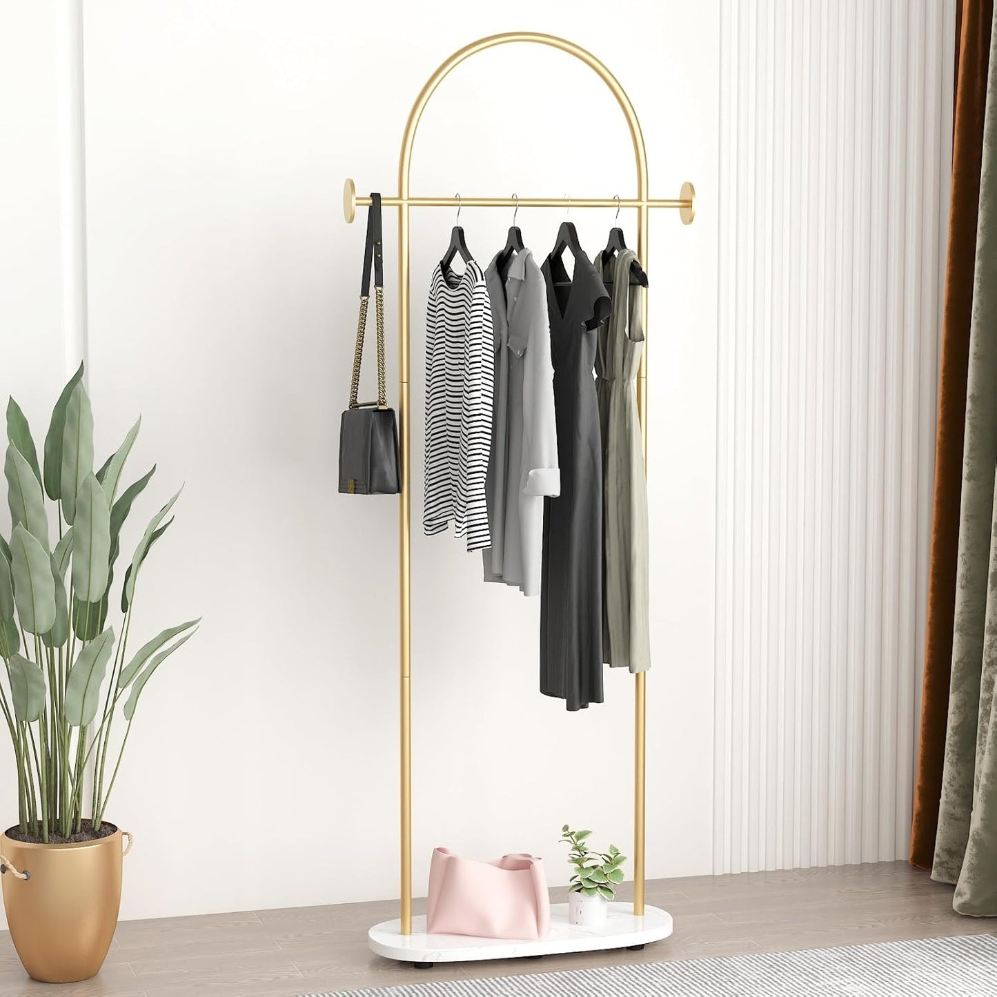 Gold Clothing Rack, Modern Clothes Rack with Shelf, Heavy Duty Freestanding Coat Rack, Metal Coat Hanger Stand with Hooks for Boutique Office
