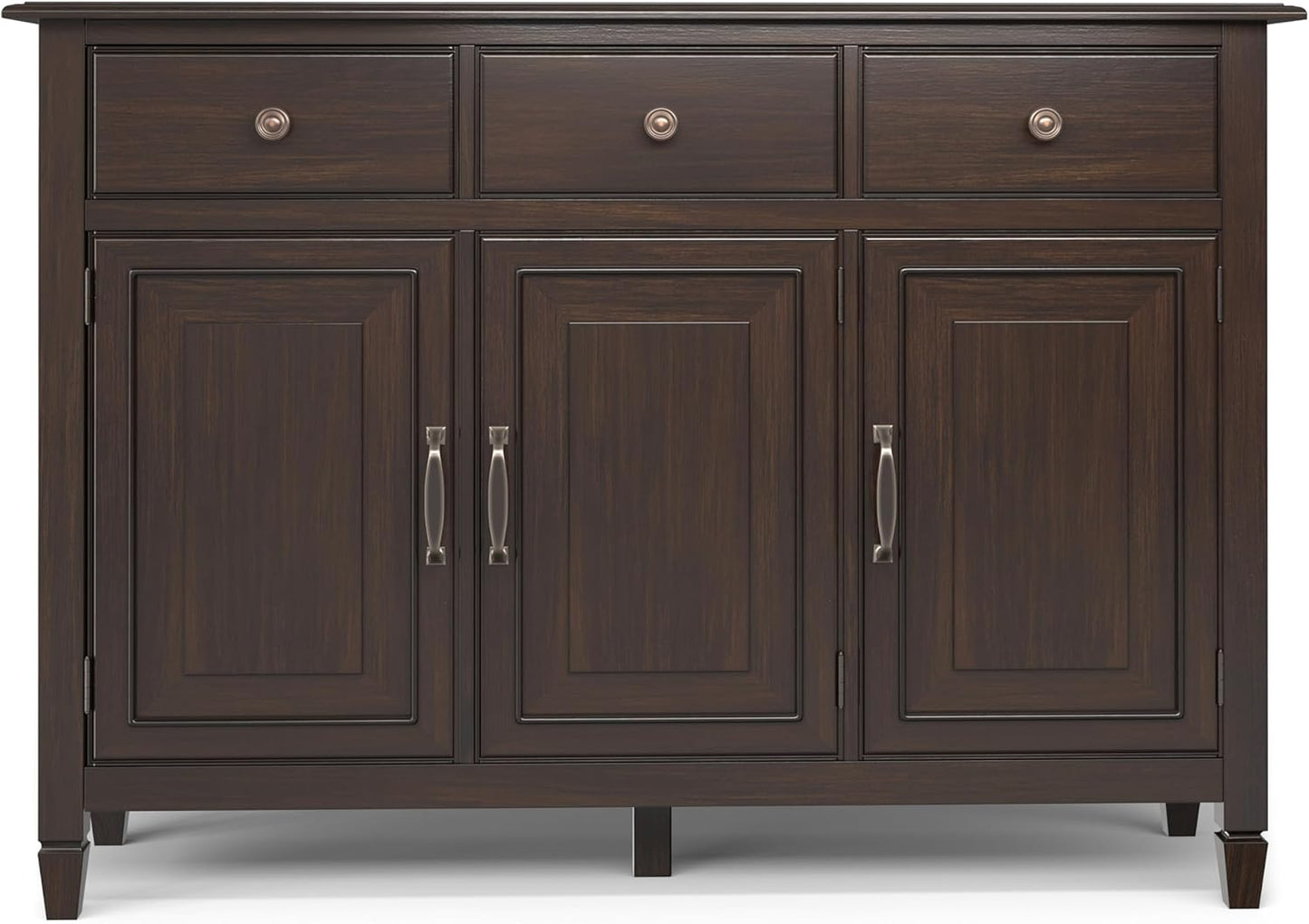 SIMPLIHOME Connaught 51-inch Wide Solid Wood Storage Cabinet in Chestnut Brown for The Entryway, Mudroom, 3 Drawers and Adjustable Shelves, Traditional Style, Space-Saving Design