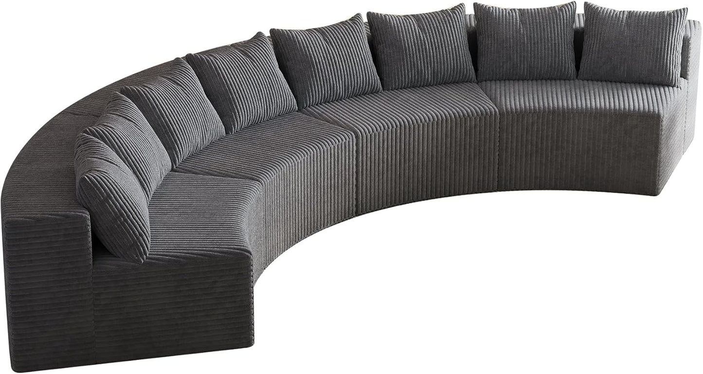 KEIKI Corduroy Curved Sectional Sofa, 4 Seater Symmetrical Modular Semi Circular Couch, Deep Seat Tufted Corner Sofa for Living Room, Lobby, Gray