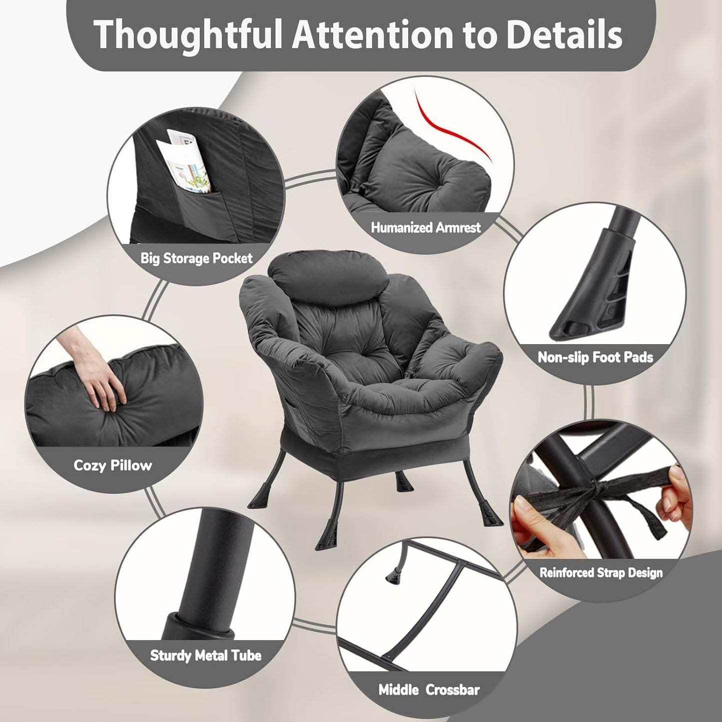Lazy Chair Thick Padded, Comfy Velvet Accent Lounge Chair with Stable Frame, Leisure Sofa Armchair with Armrests and Side Pocket, Reading Chair for Bedroom, Living Room, Office, Charcoal